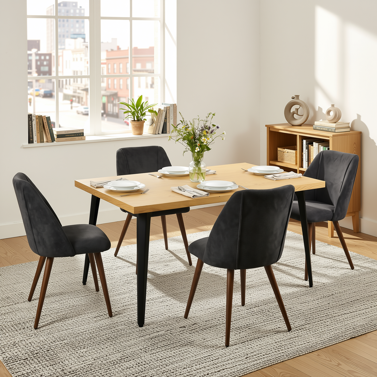 Homy Casa STAN+KALI 5PC Dining Set 63" Natural Wood Table with 4 Charcoal Upholstered Chairs Walnut Metal Legs