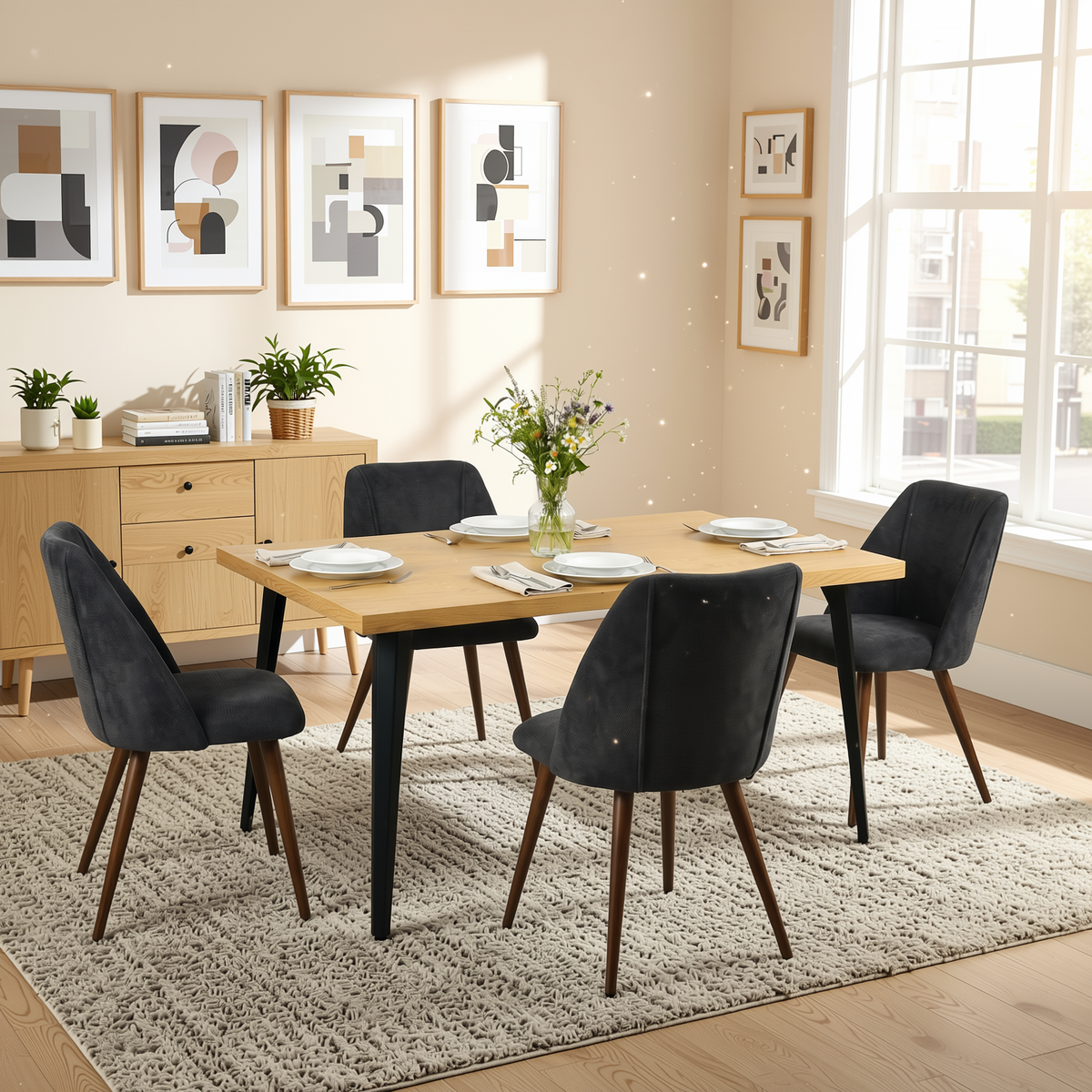 Homy Casa STAN+KALI 5PC Dining Set 63" Natural Wood Table with 4 Charcoal Upholstered Chairs Walnut Metal Legs