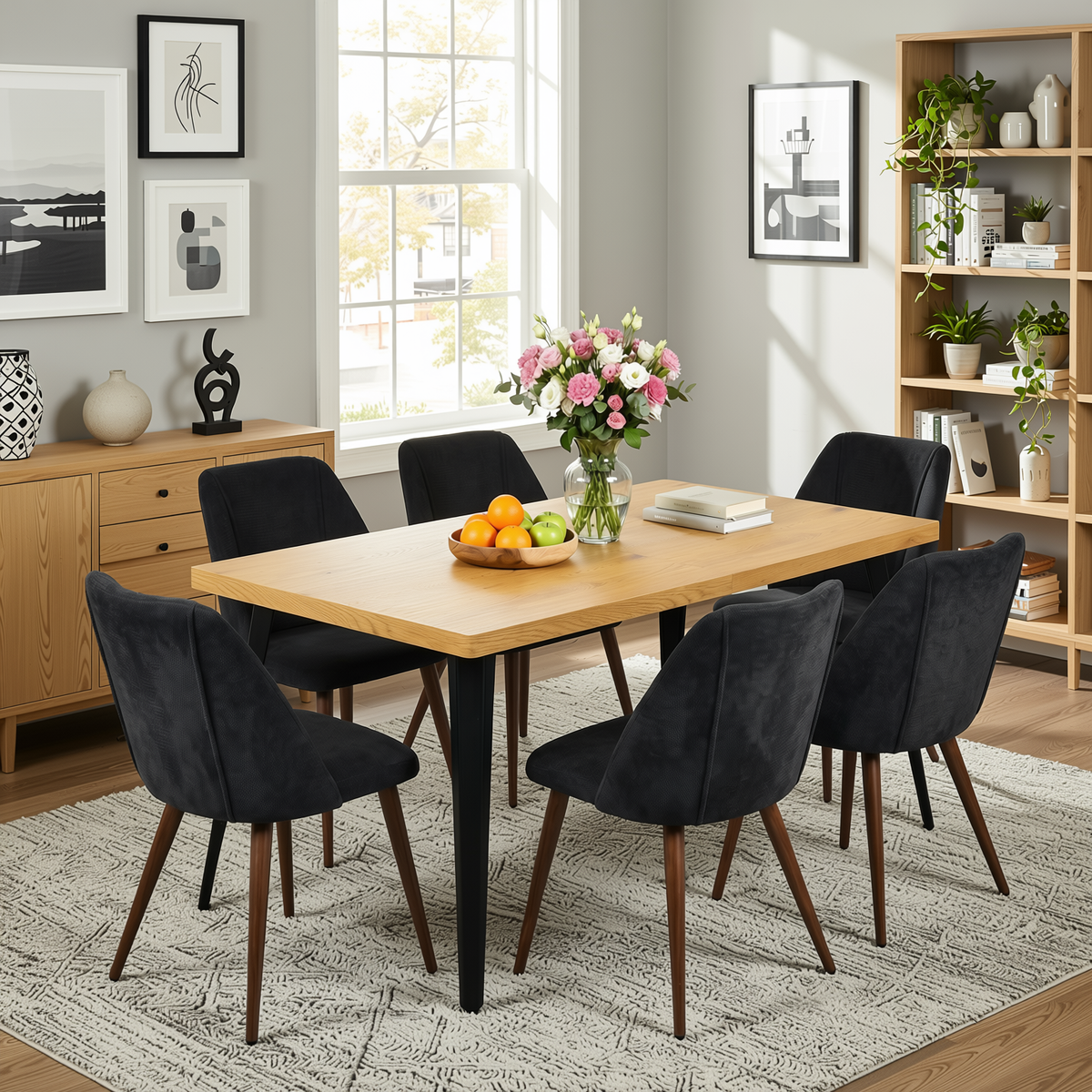 Homy Casa STAN+KALI 7PC Dining Set 63" Table with 6 Upholstered Chairs Walnut Legs