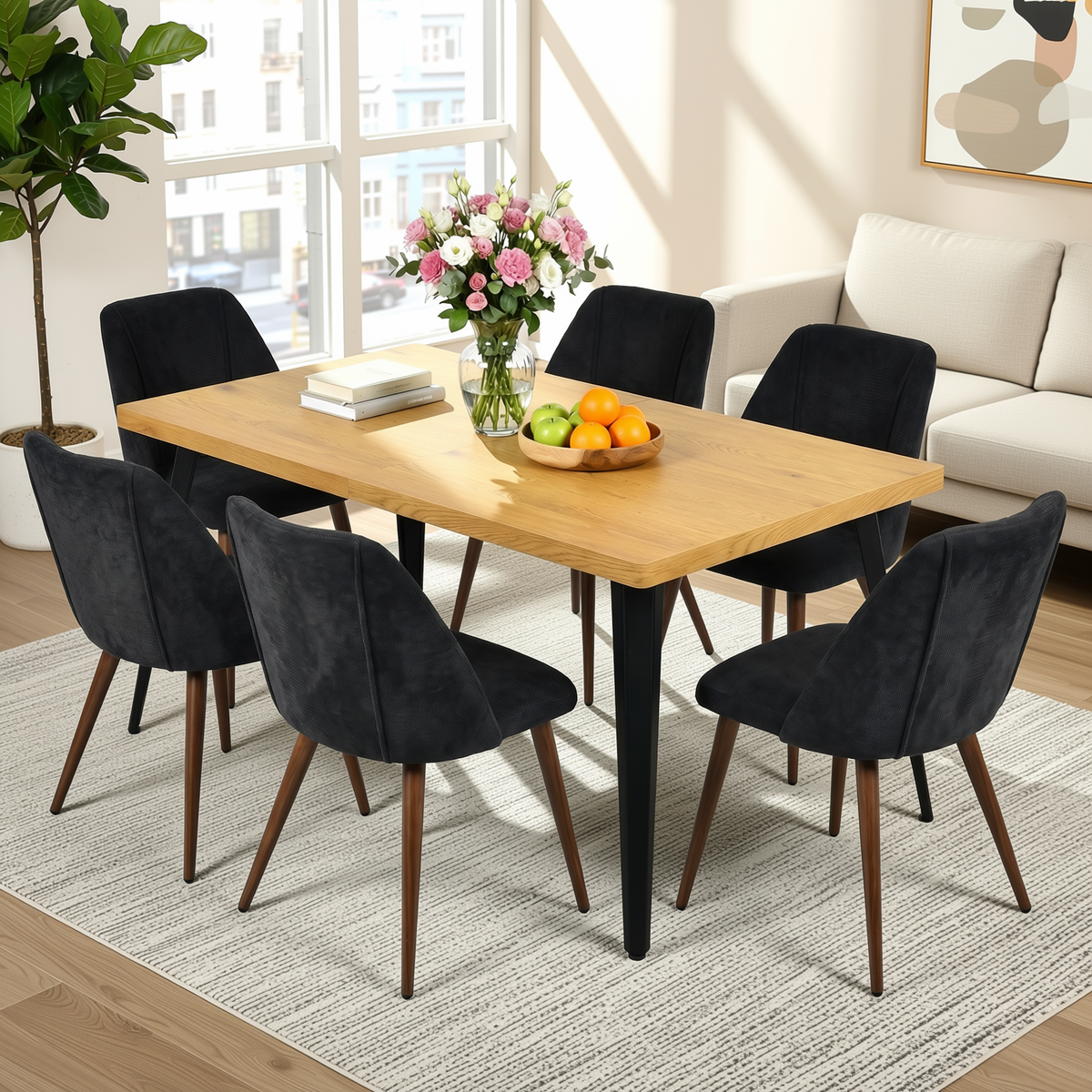 Homy Casa STAN+KALI 7PC Dining Set 63" Table with 6 Upholstered Chairs Walnut Legs
