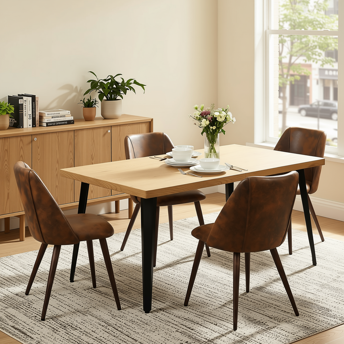 Homy Casa STAN+KALI 5PC Dining Set 63" Table with 4 Brown Faux Suede Chairs Walnut Legs