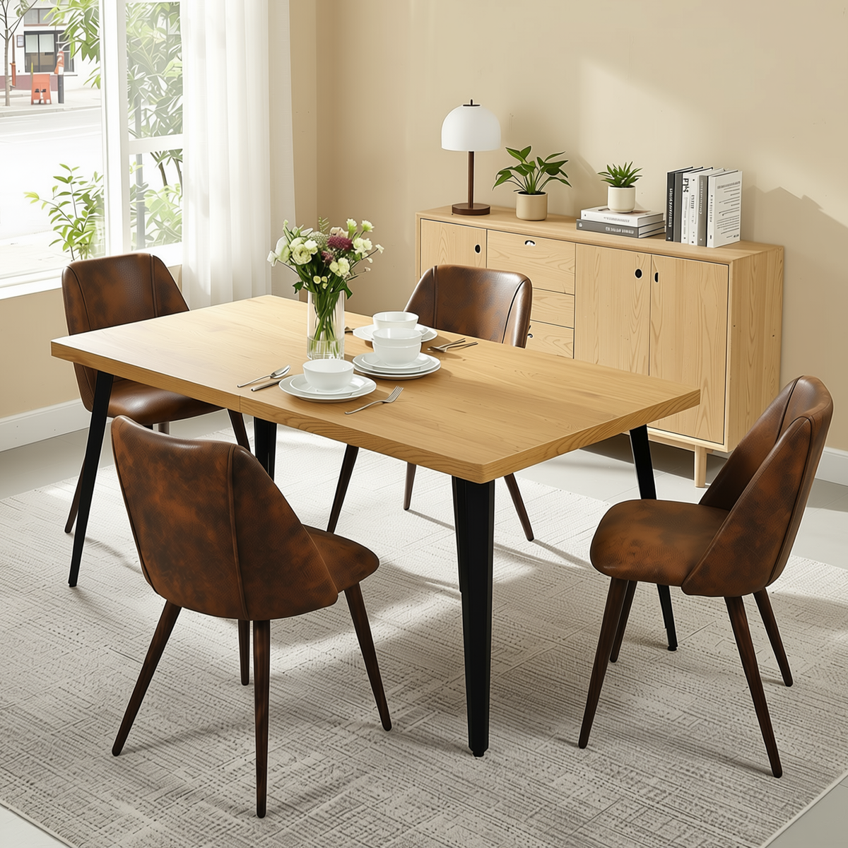 Homy Casa STAN+KALI 5PC Dining Set 63" Table with 4 Brown Faux Suede Chairs Walnut Legs
