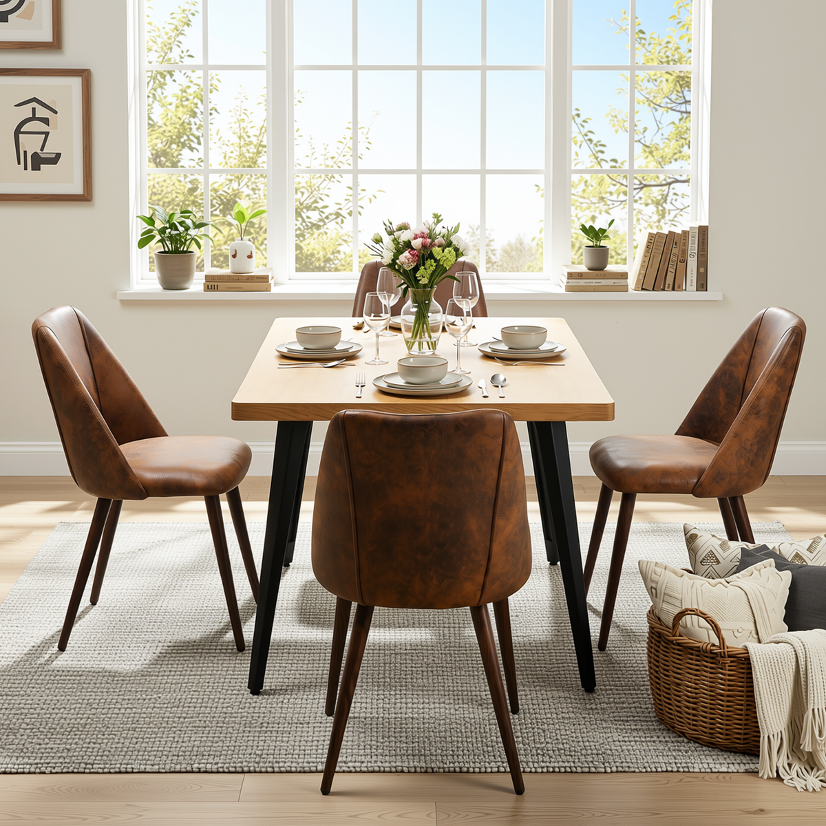 Homy Casa STAN+KALI 5PC Dining Set 63" Table with 4 Brown Faux Suede Chairs Walnut Legs