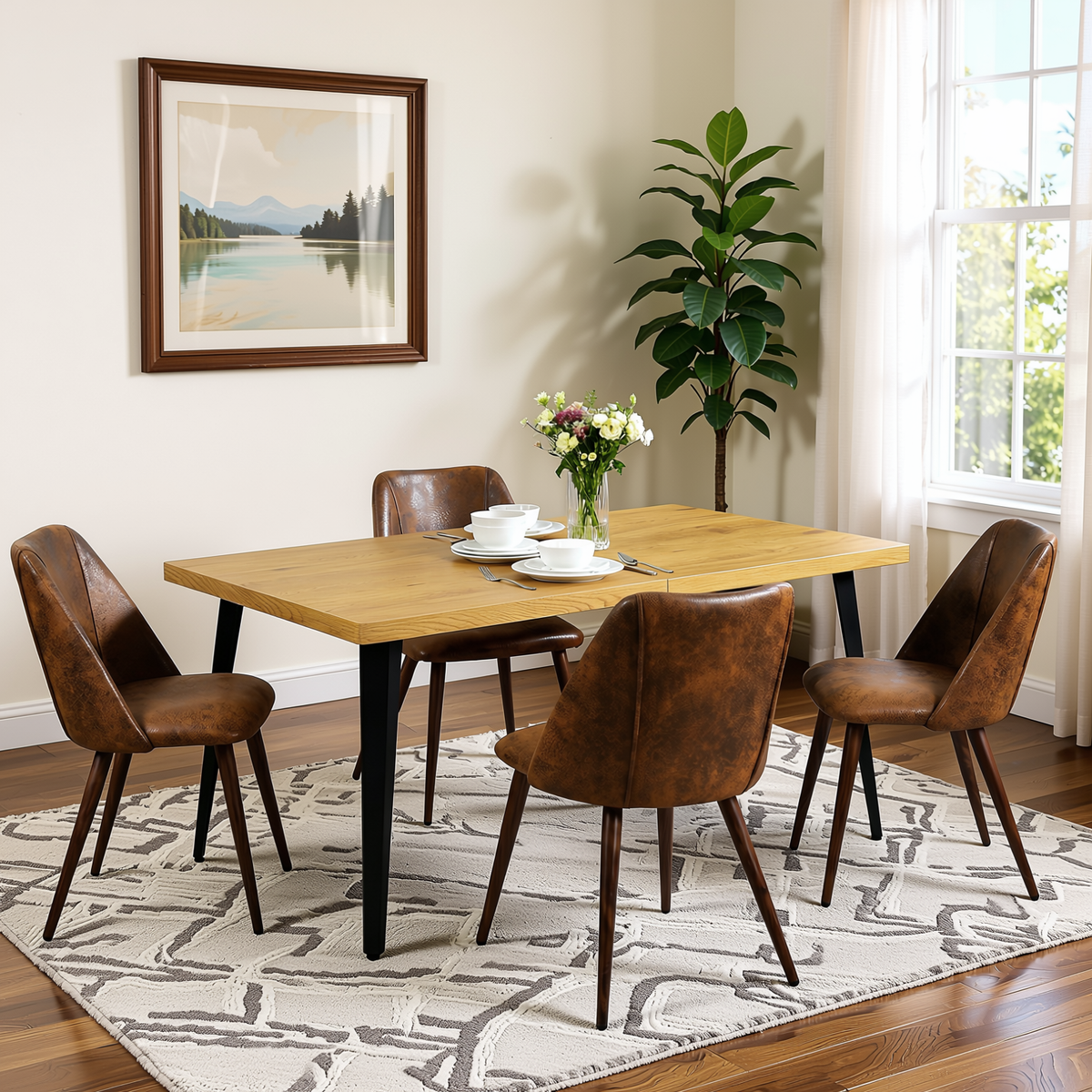 Homy Casa STAN+KALI 5PC Dining Set 63" Table with 4 Brown Faux Suede Chairs Walnut Legs