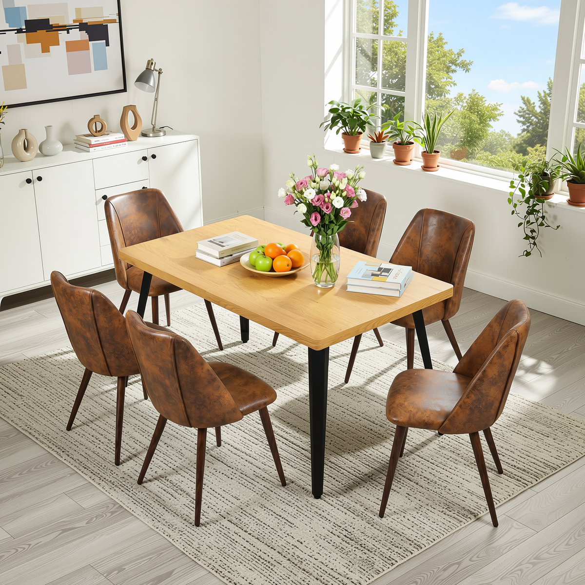 Homy Casa STAN+KALI 7PC Dining Set 63" Natural Wood Table with 6 Kali Suede Brown Walnut Leg Chairs