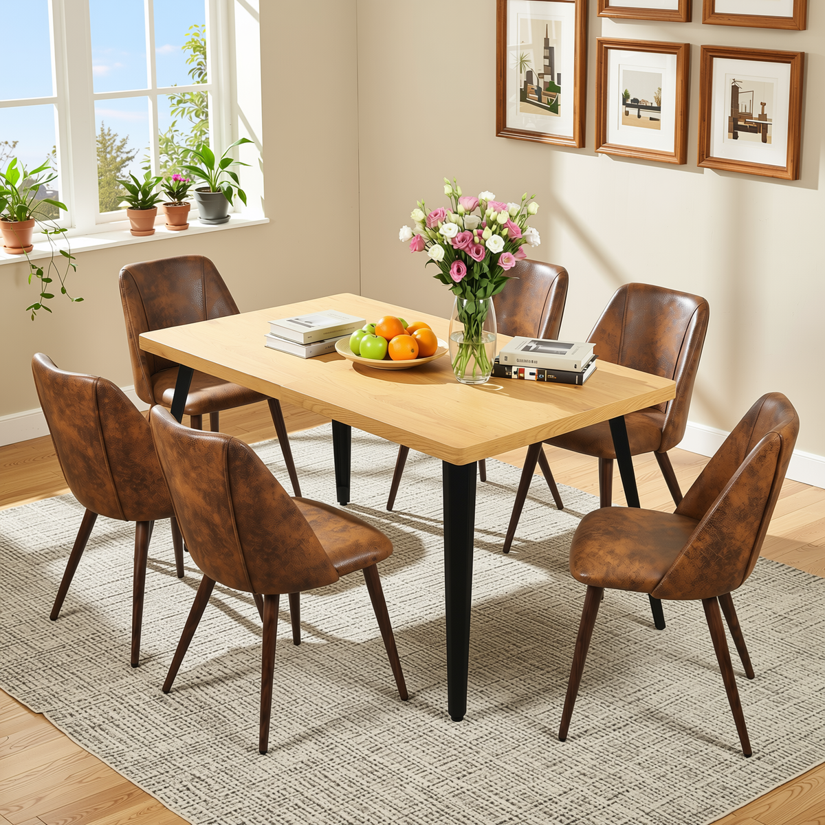 Homy Casa STAN+KALI 7PC Dining Set 63" Natural Wood Table with 6 Kali Suede Brown Walnut Leg Chairs