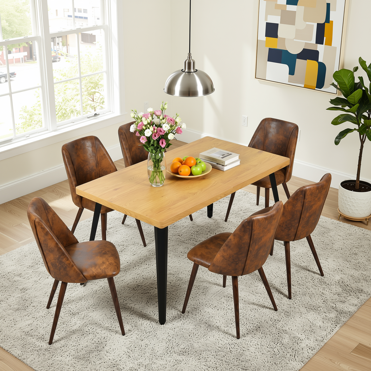 Homy Casa STAN+KALI 7PC Dining Set 63" Natural Wood Table with 6 Kali Suede Brown Walnut Leg Chairs