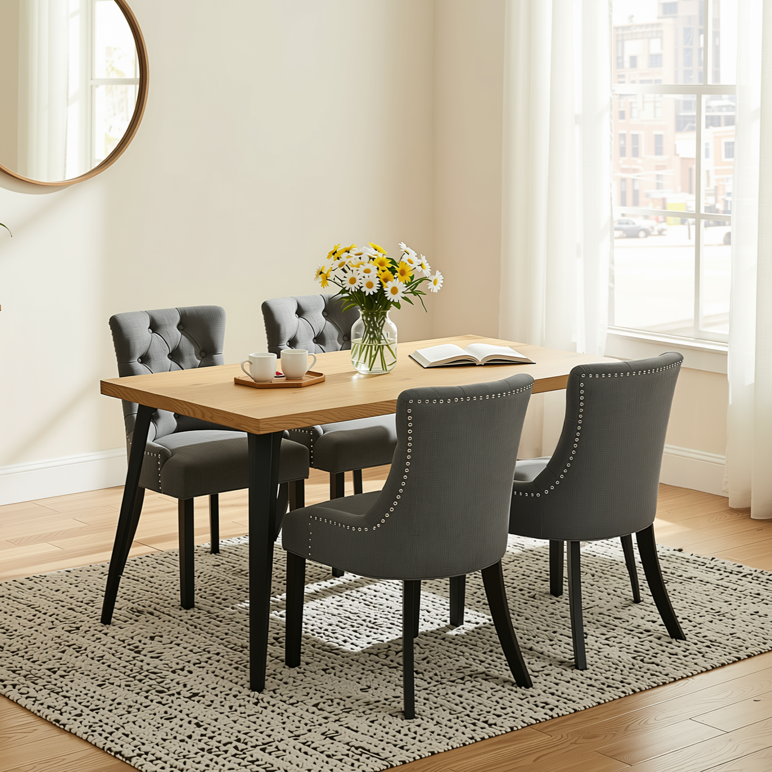 Homy Casa Stan + Nutton 5PC Dining Set 63" Table with 4 Upholstered Tufted Chairs in Ebony & Charcoal