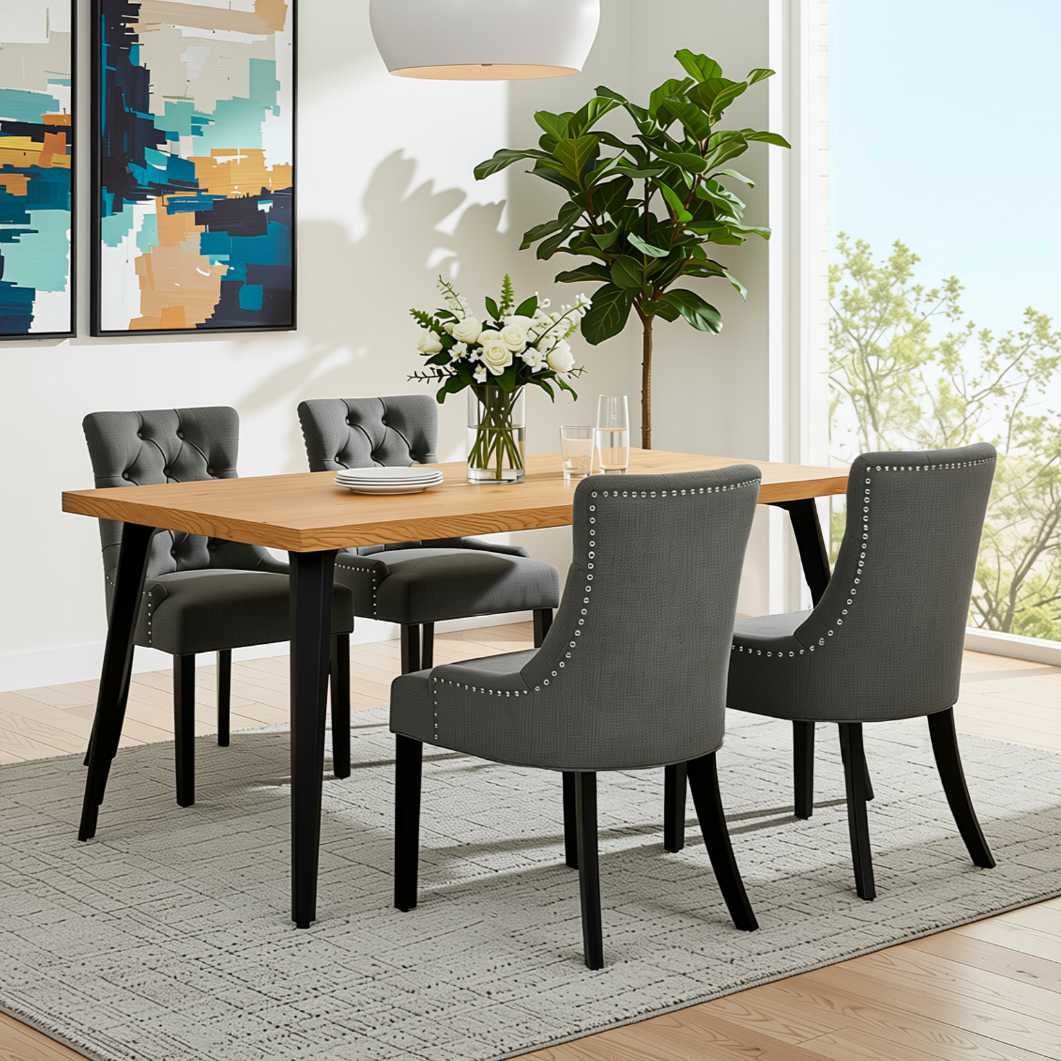 Homy Casa Stan + Nutton 5PC Dining Set 63" Table with 4 Upholstered Tufted Chairs in Ebony & Charcoal