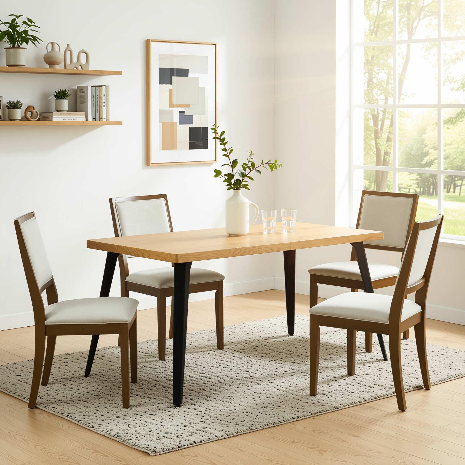 Homy Casa Stan 5PC Dining Set 63" Natural Wood Grain Table with 2PK Biscuit Upholstered Chairs and Haze Legs