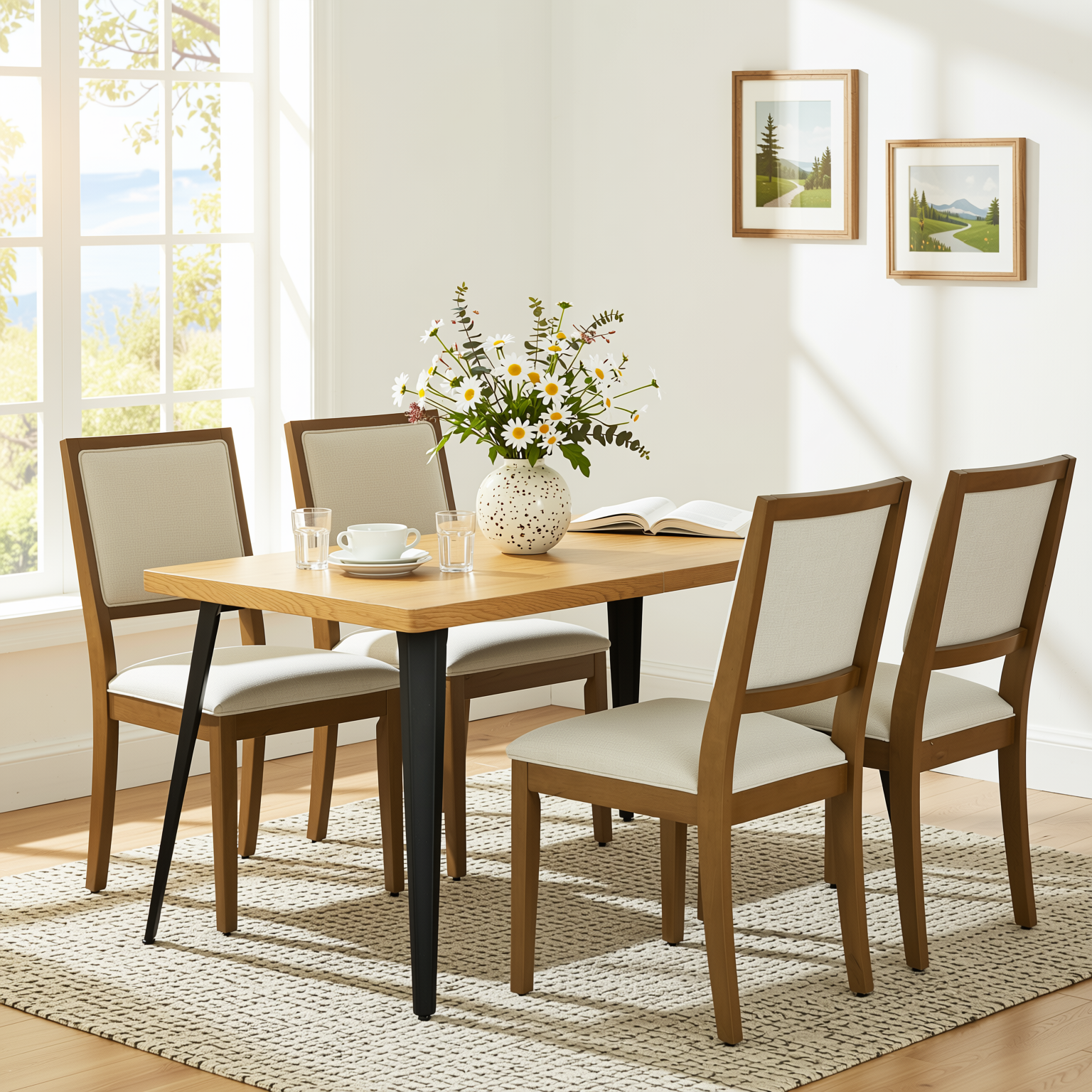 Homy Casa Stan 5PC Dining Set 63" Natural Wood Grain Table with 2PK Biscuit Upholstered Chairs and Haze Legs