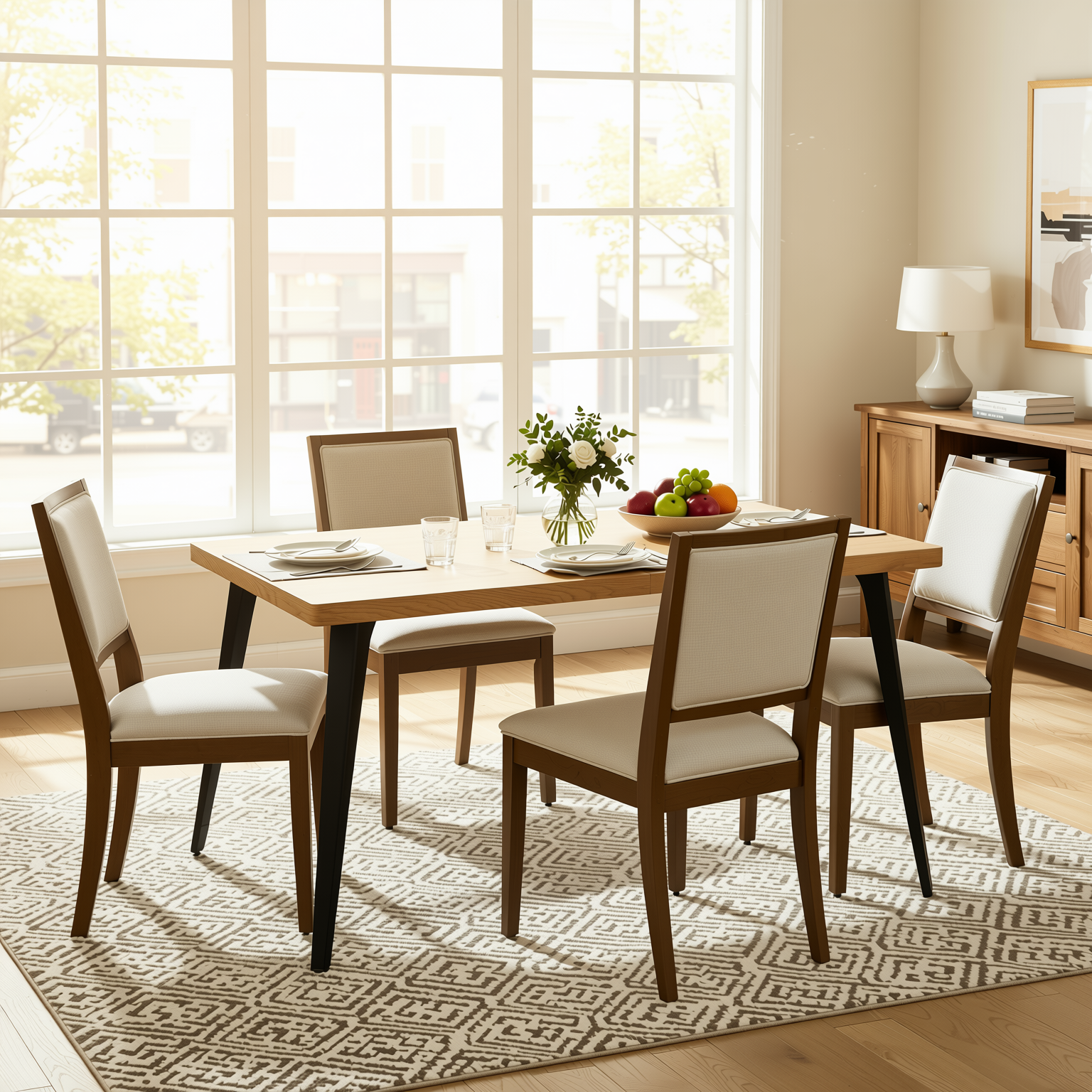Homy Casa Stan 5PC Dining Set 63" Natural Wood Grain Table with 2PK Biscuit Upholstered Chairs and Haze Legs
