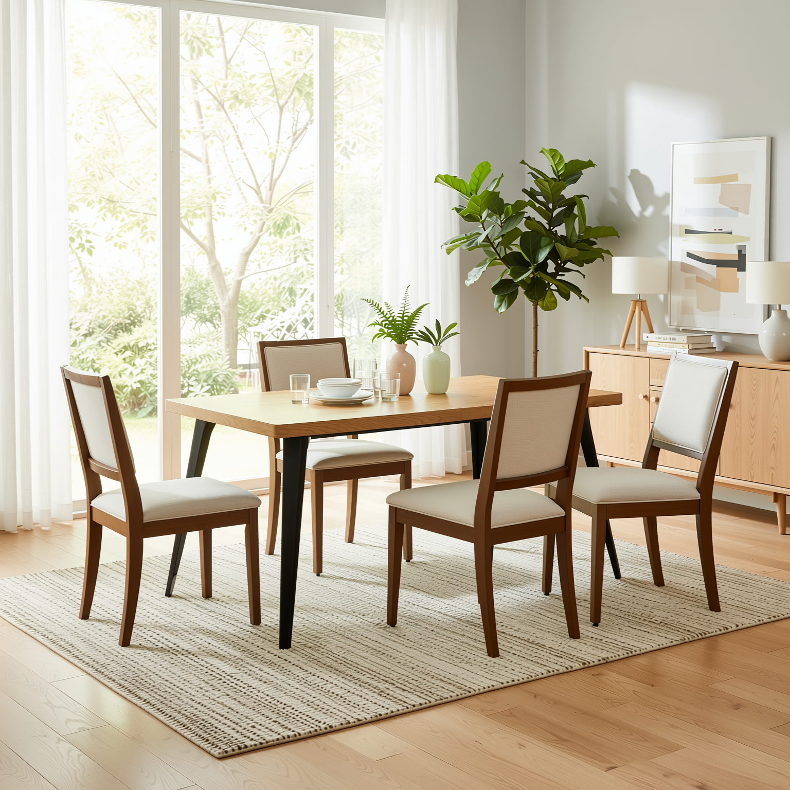 Homy Casa Stan 5PC Dining Set 63" Natural Wood Grain Table with 2PK Biscuit Upholstered Chairs and Haze Legs