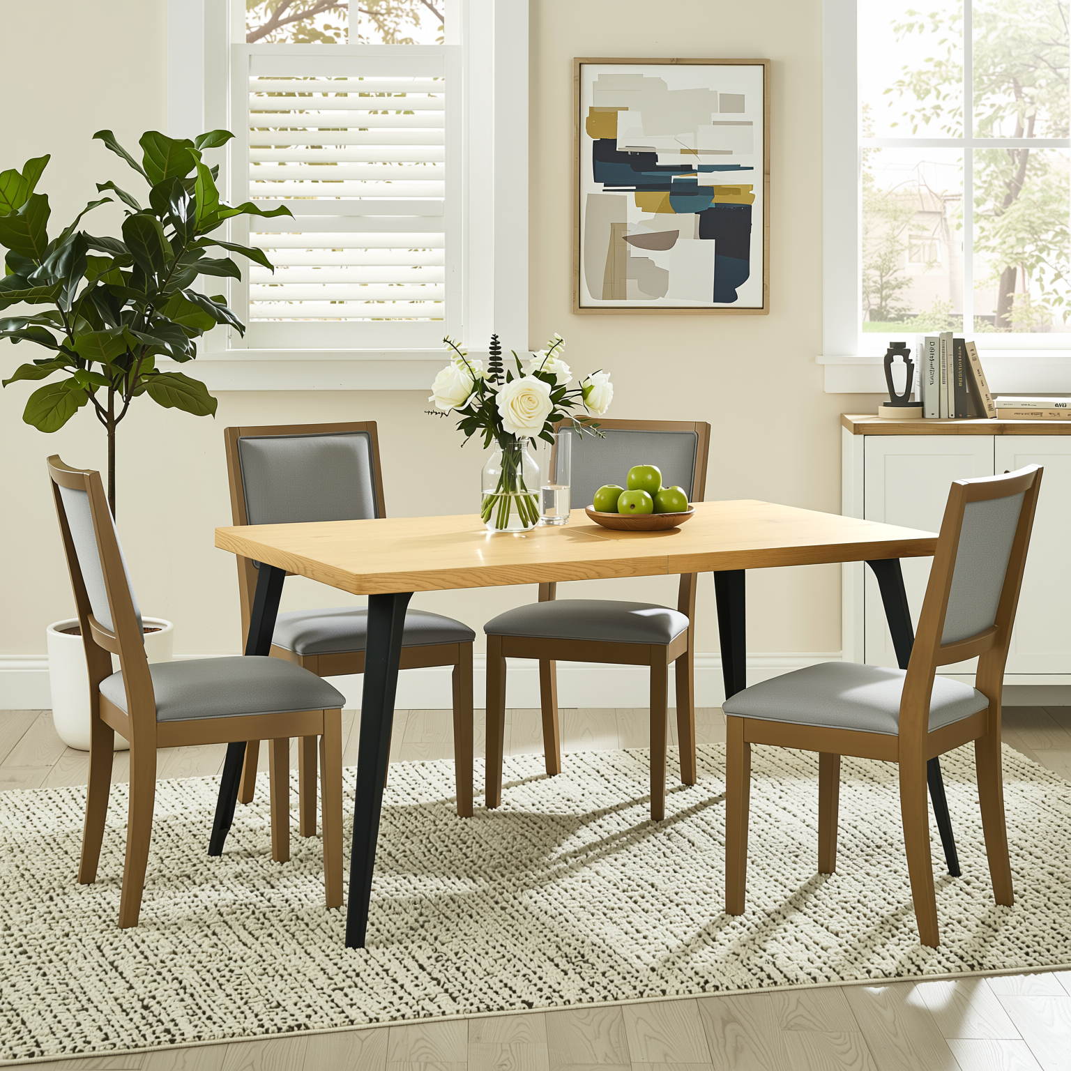 Homy Casa Stan 5PC Dining Set 63" Natural Wood Grain Table with 4 Charcoal Upholstered Haze Leg Chairs