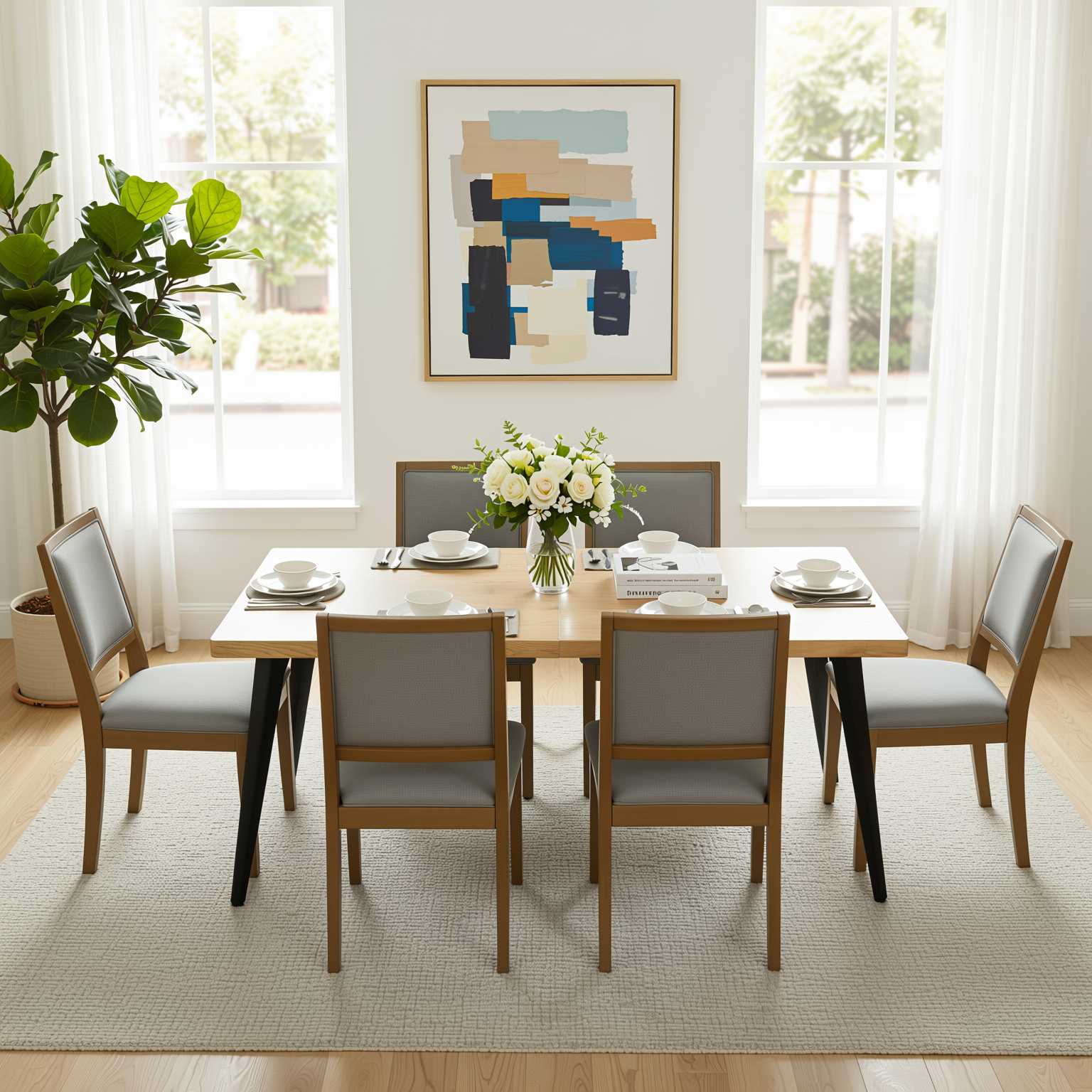 Homy Casa Stan 7PC Dining Set 63" Natural Wood Grain Table with 6 Charcoal Upholstered Chairs and Haze Legs