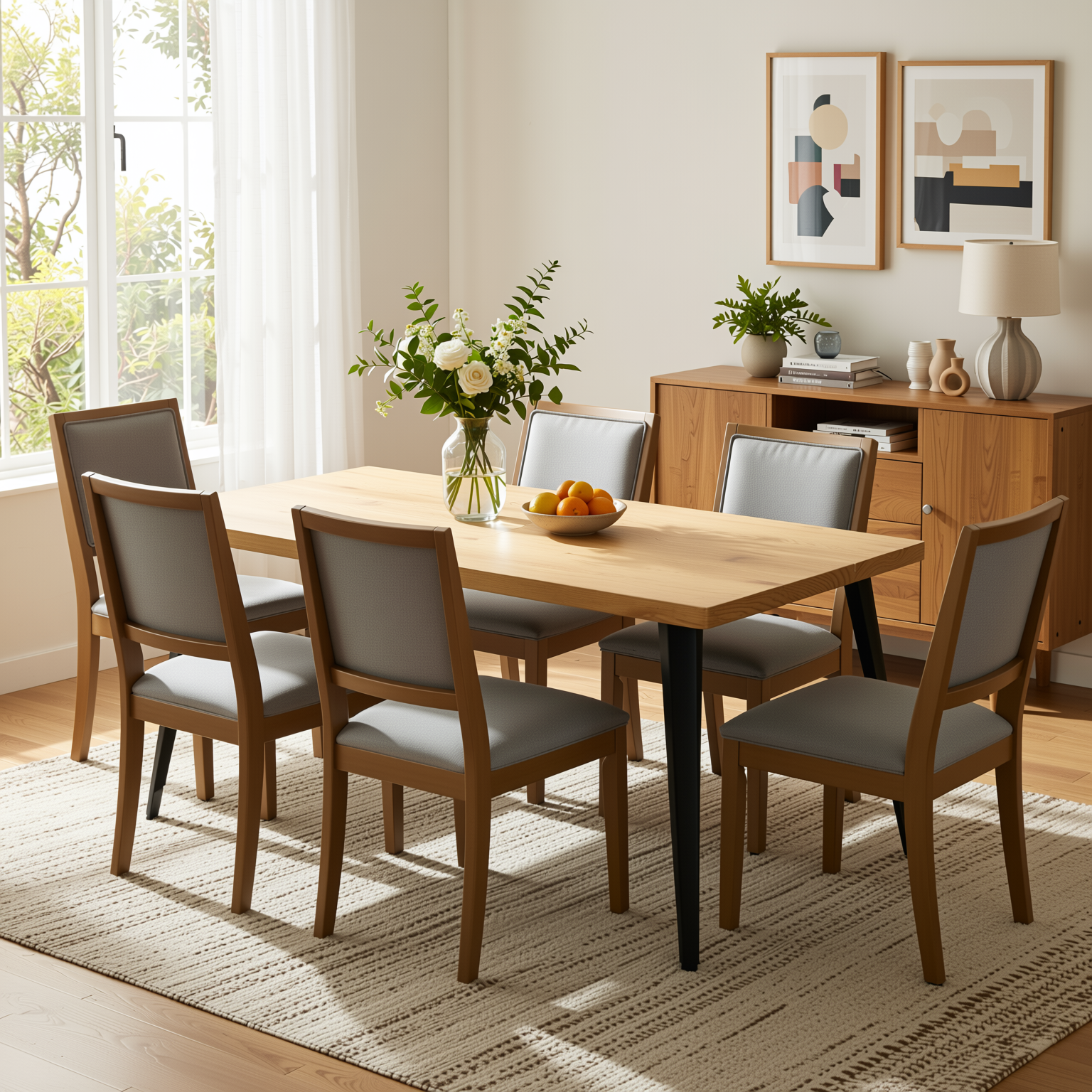 Homy Casa Stan 7PC Dining Set 63" Natural Wood Grain Table with 6 Charcoal Upholstered Chairs and Haze Legs
