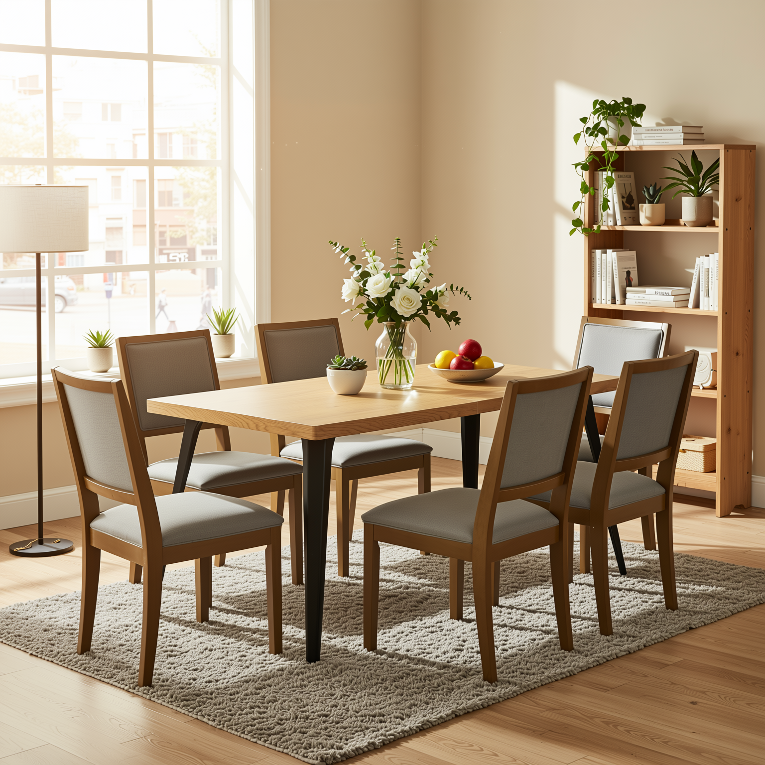Homy Casa Stan 7PC Dining Set 63" Natural Wood Grain Table with 6 Charcoal Upholstered Chairs and Haze Legs