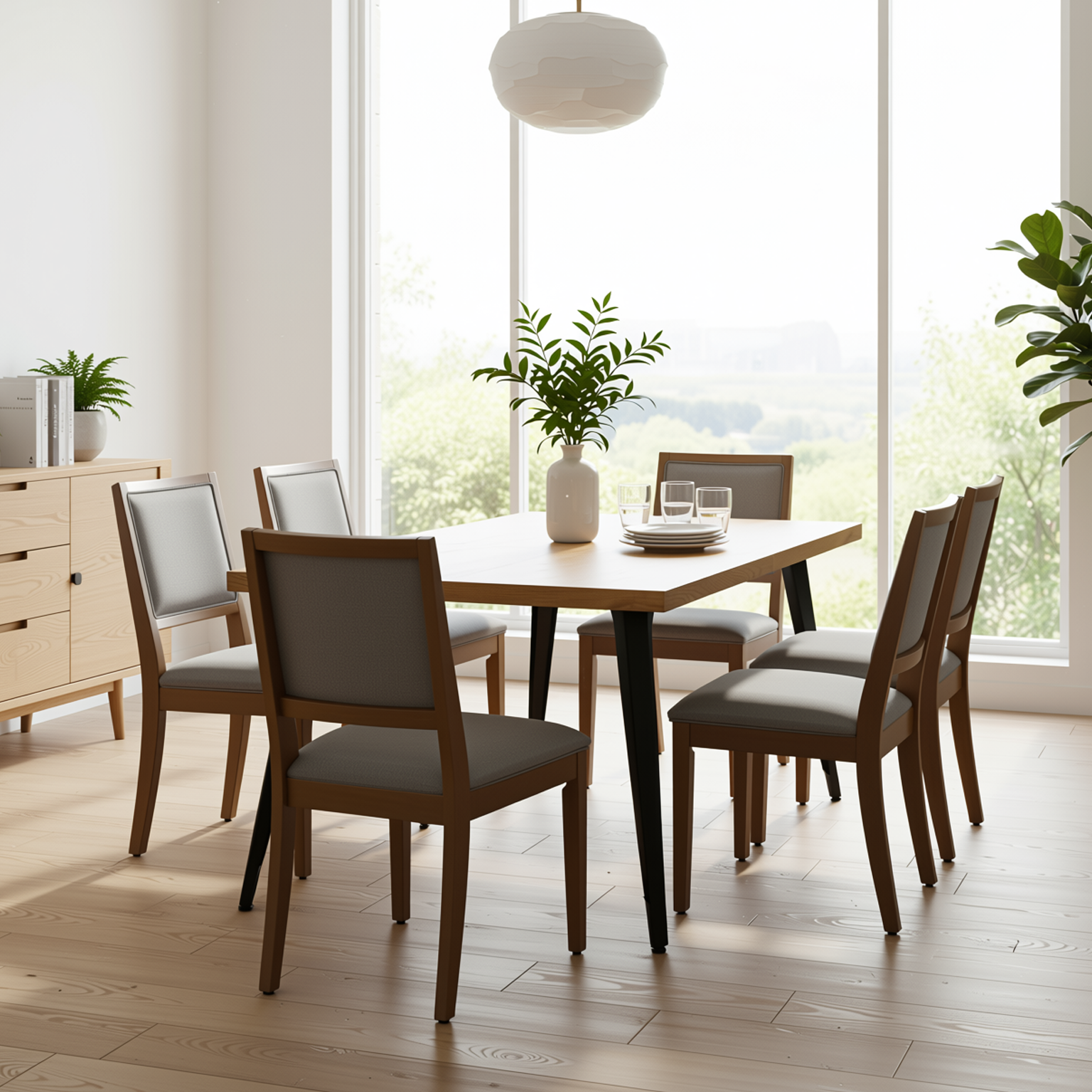 Homy Casa Stan 5PC Dining Set 63" Natural Wood Grain Table with 4 Charcoal Upholstered Haze Leg Chairs