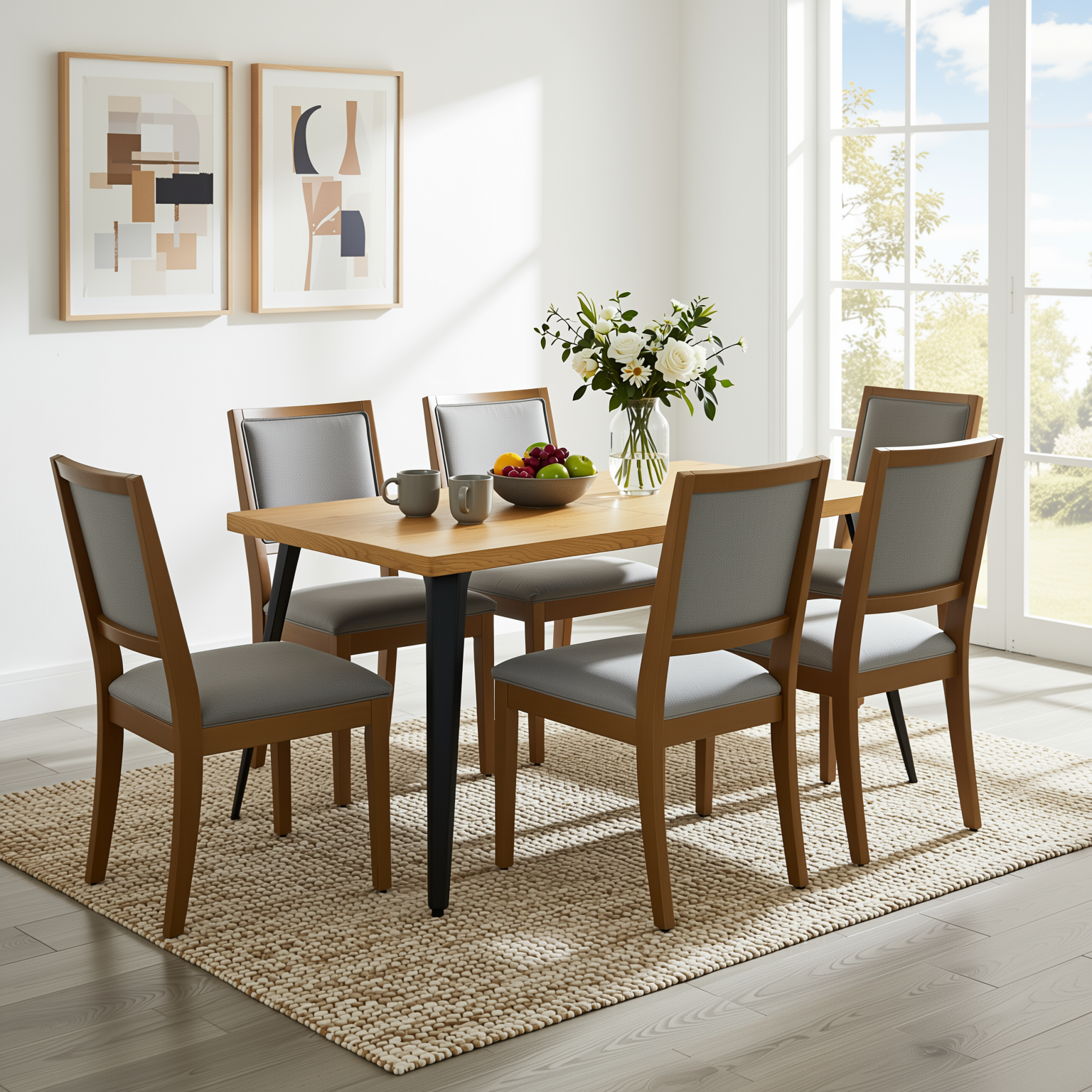 Homy Casa Stan 7PC Dining Set 63" Natural Wood Grain Table with 6 Charcoal Upholstered Chairs and Haze Legs