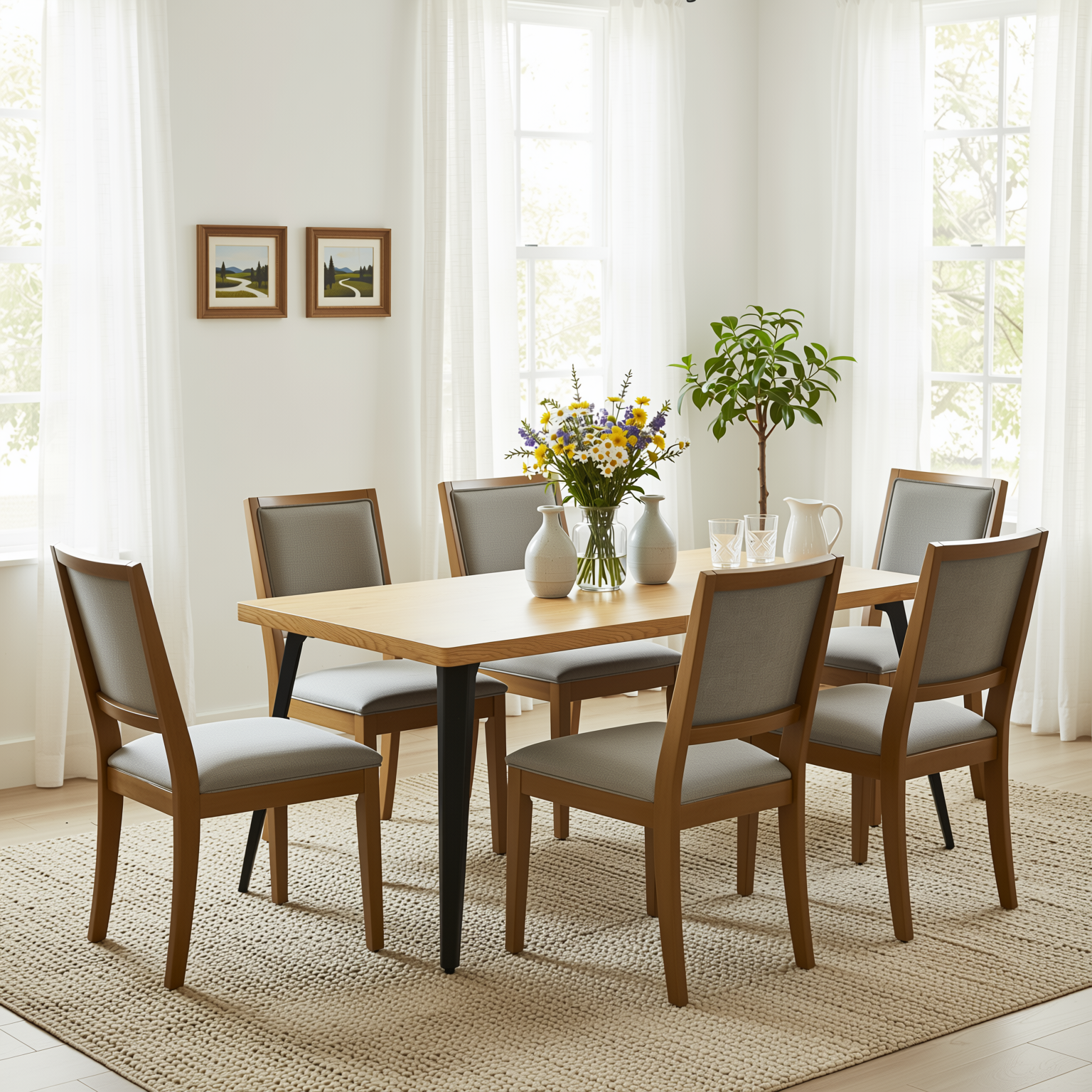 Homy Casa Stan 7PC Dining Set 63" Natural Wood Grain Table with 6 Charcoal Upholstered Chairs and Haze Legs