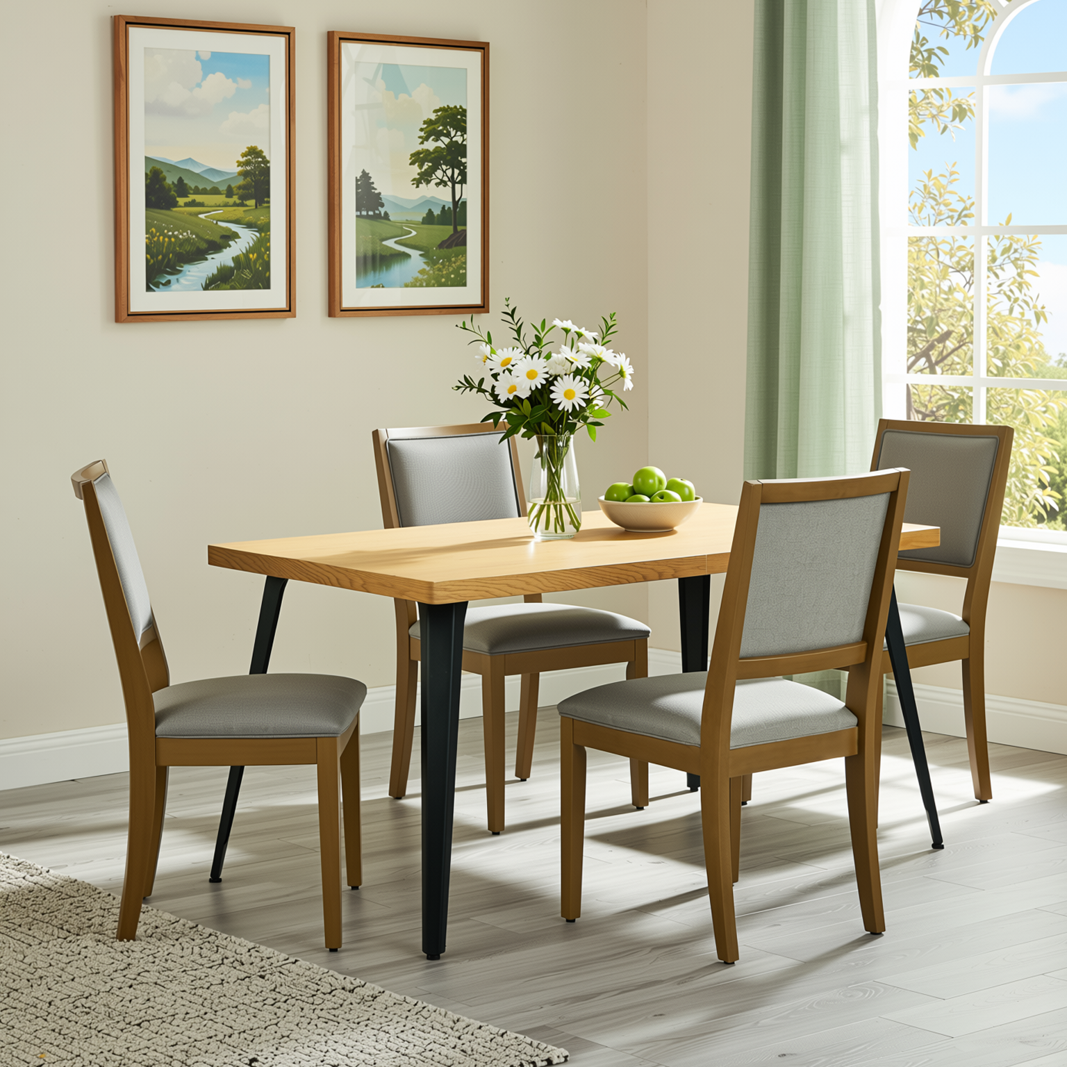 Homy Casa Stan 5PC Dining Set 63" Natural Wood Grain Table with 4 Charcoal Upholstered Haze Leg Chairs