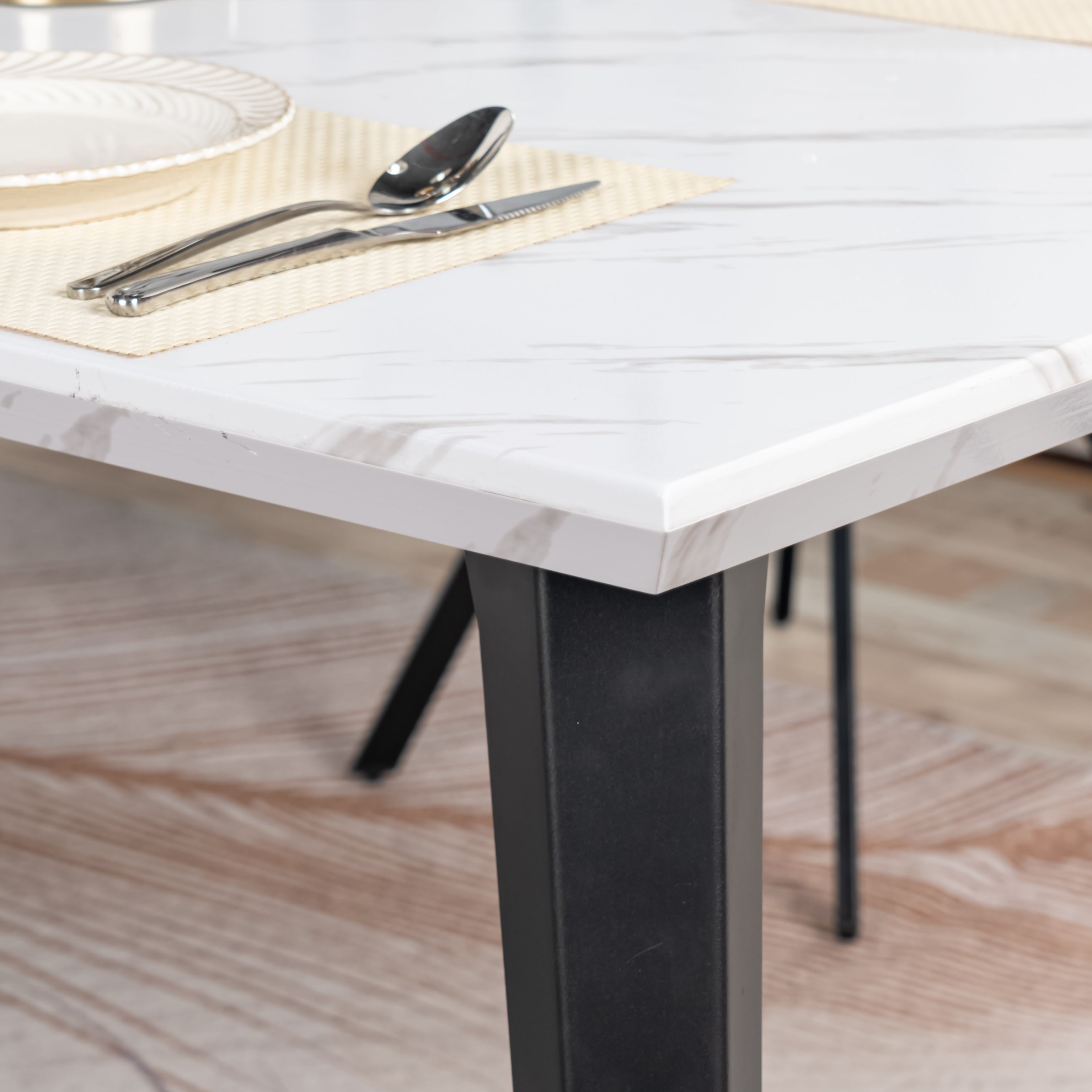 Homy Casa Stan 5PC Dining Set 63” Marble White Table with 4 Scargill Beige Upholstered Fabric Dining Chairs Open Box