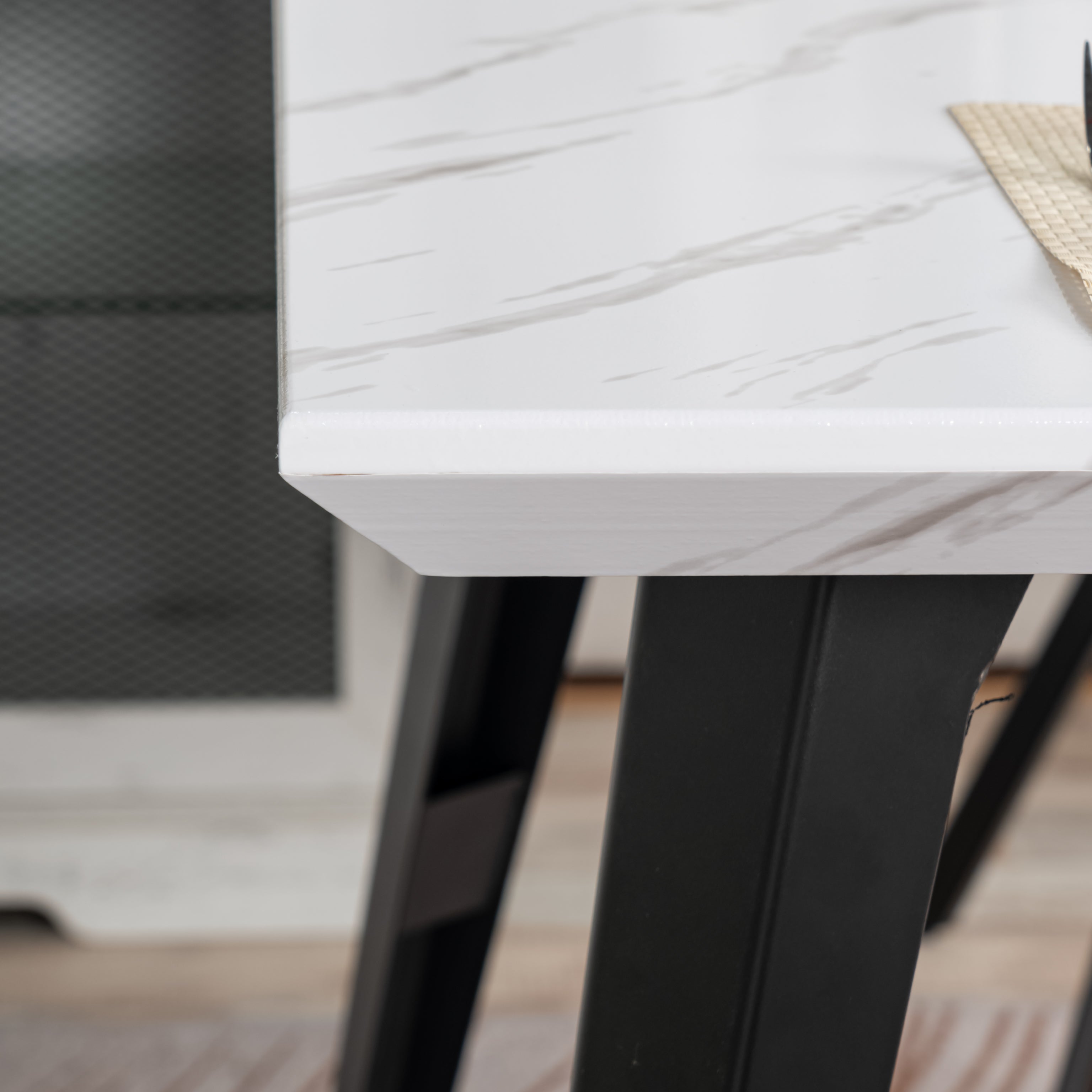 Homy Casa Stan 5PC Dining Set 63” Marble White Table with 4 Scargill Beige Upholstered Fabric Dining Chairs Open Box