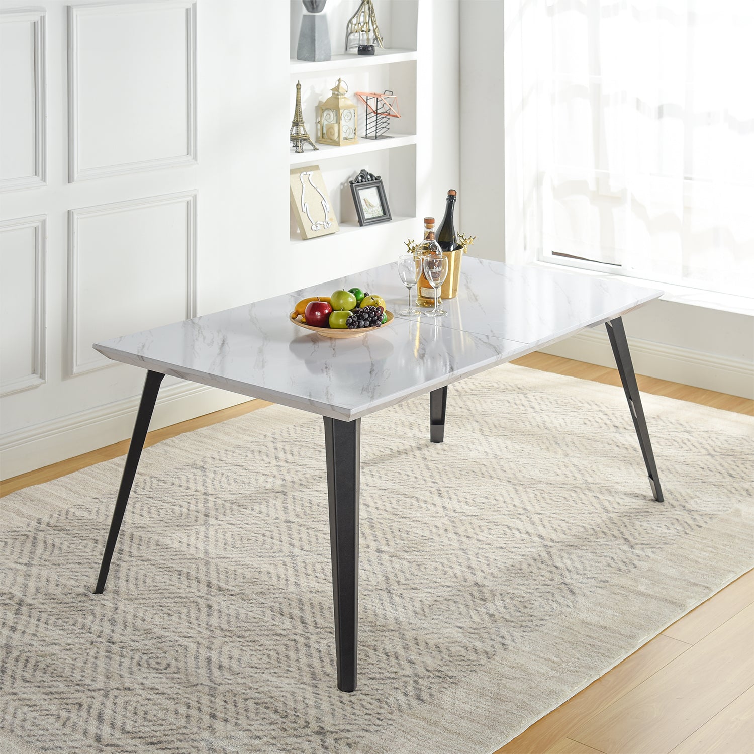 Stan 5PC Dining Set 63” Table in White Marble Top Finish with 4 Haven Upholstered Chairs Beige Fabric