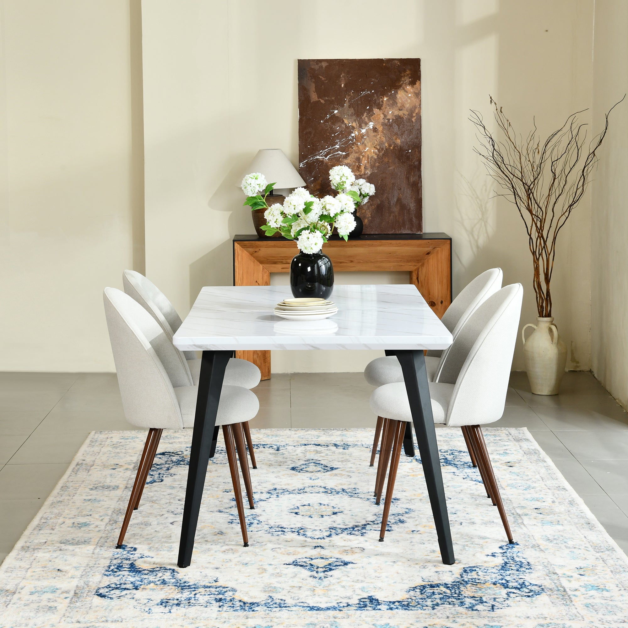 Stan 5PC Dining Set 63” Table in White Marble Top Finish with 4 Haven Upholstered Chairs Beige Fabric