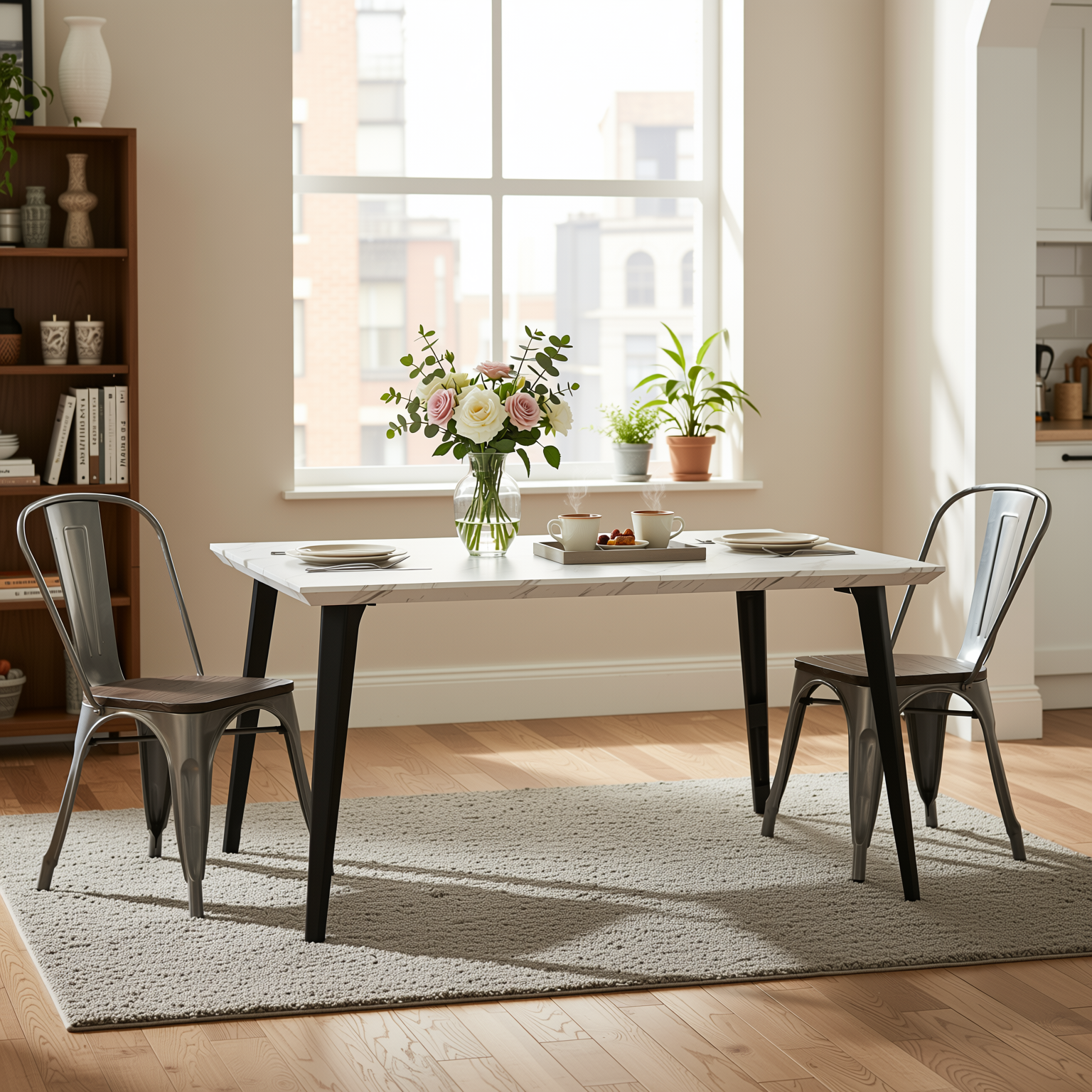 Homy Casa STAN+KRICOX 3PC Dining Set 63" White Marble Table with 2 Silver Wood Dining Chairs Open Box