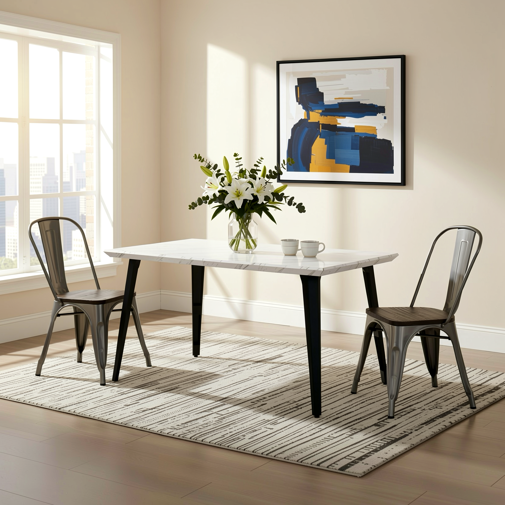 Homy Casa STAN+KRICOX 3PC Dining Set 63" White Marble Table with 2 Silver Wood Dining Chairs Open Box