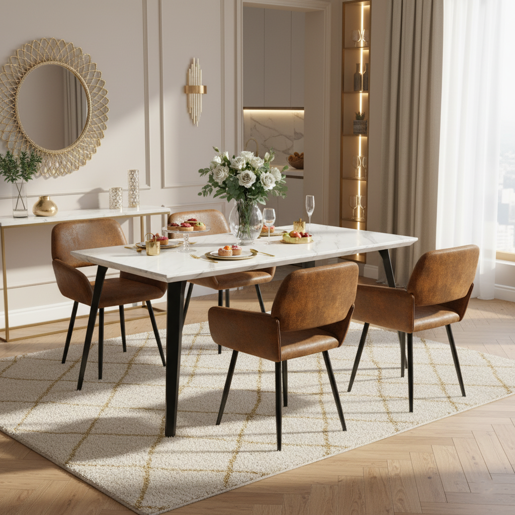Stan 5 Piece White Marble Dining Table Set with 4 Mayfair Upholstered Chairs, Beige