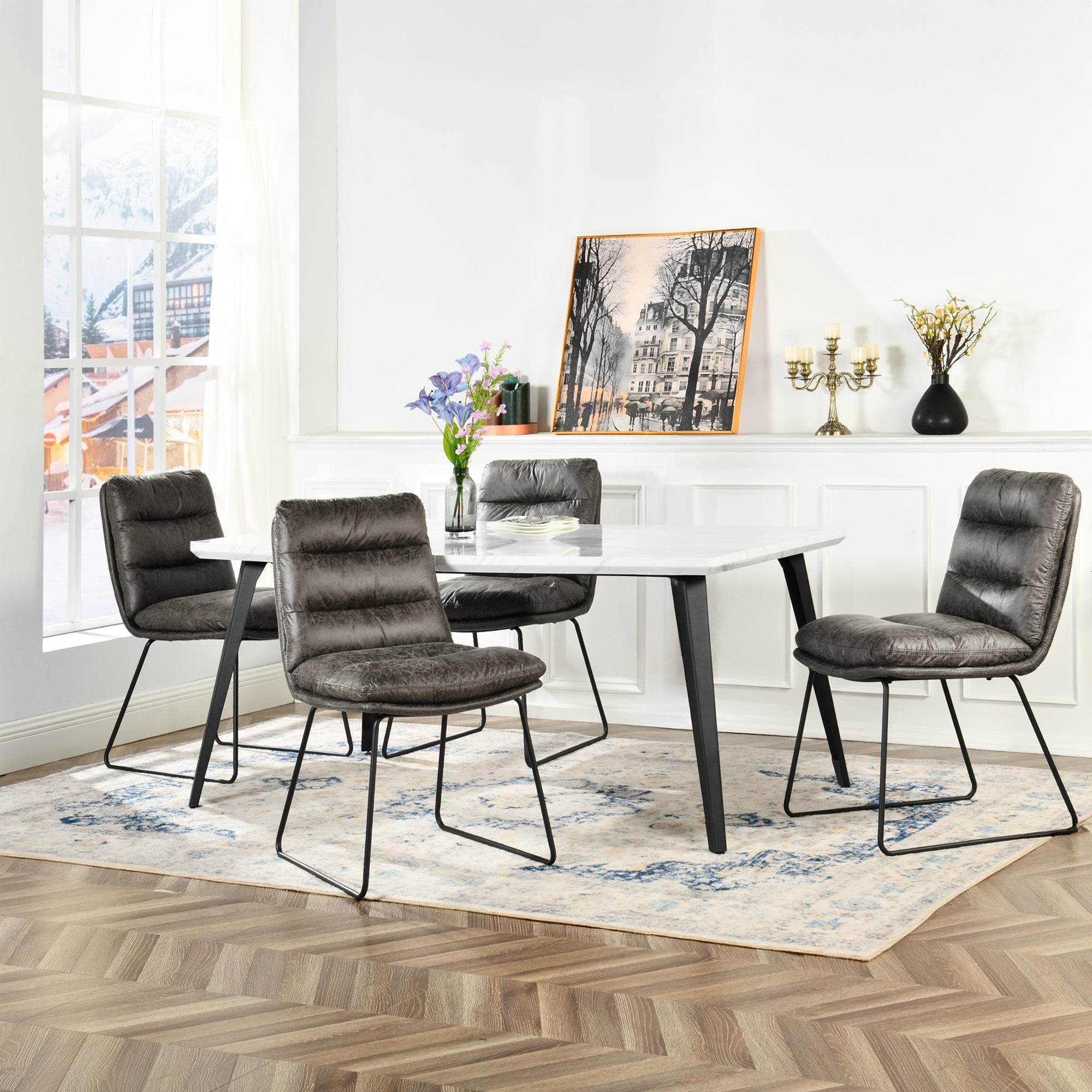 Homy Casa Stan 5PC Luxury Marble Dining Set 63” White Marble Top Table with 4 Steffen Grey Upholstered Dining Chairs