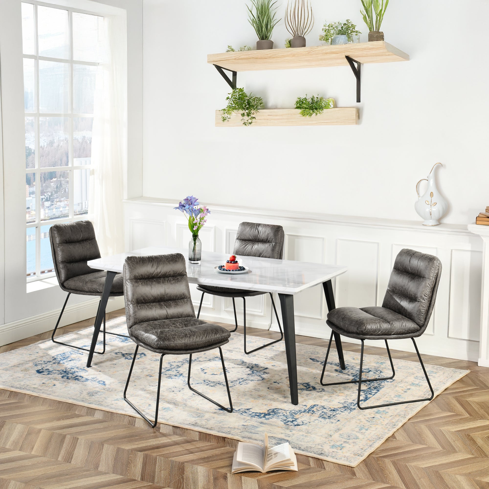 Homy Casa Stan 5PC Luxury Marble Dining Set 63” White Marble Top Table with 4 Steffen Grey Upholstered Dining Chairs
