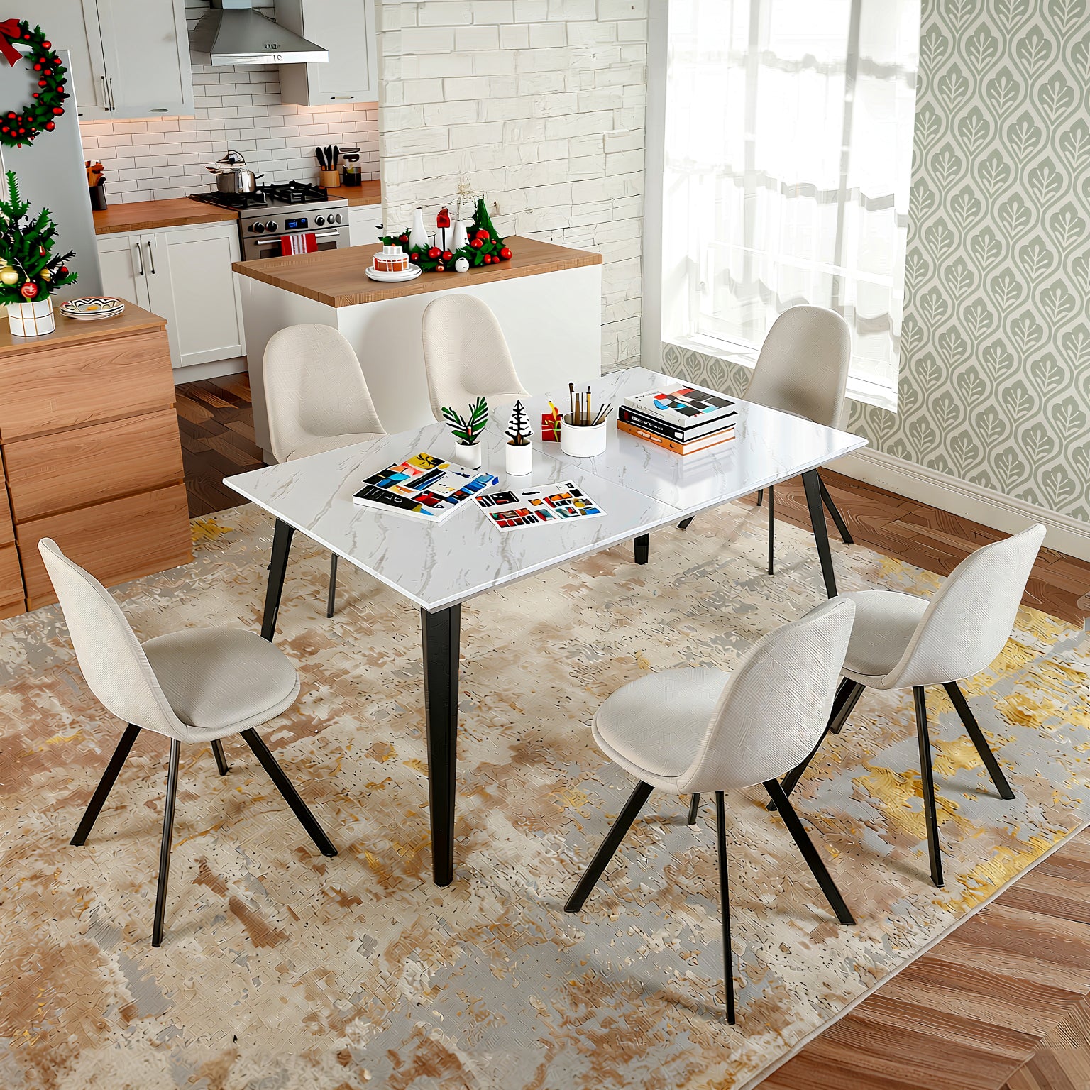 Homy Casa STAN 5PC Dining Set 63” Marble White Table with 4 Sunflower Swivel Lumos Beige Chairs Open Box