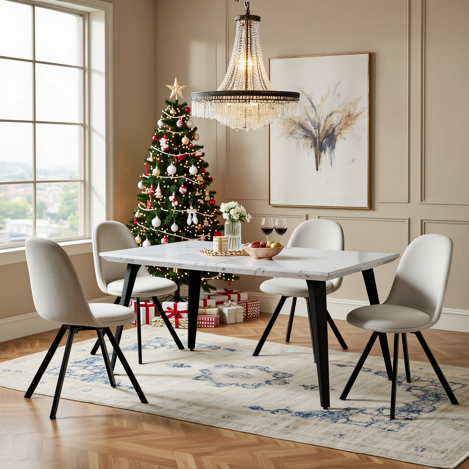 Homy Casa STAN 5PC Dining Set 63” Marble White Table with 4 Sunflower Swivel Lumos Beige Chairs Open Box