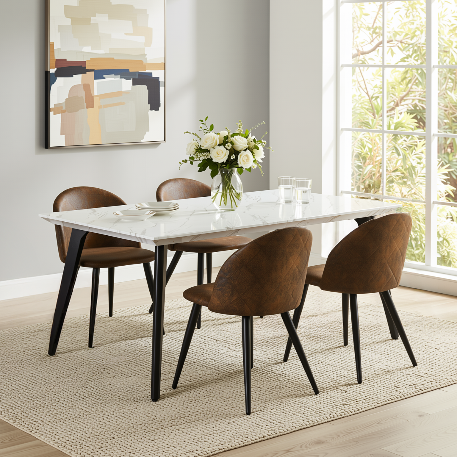 Homy Casa Stan 5PC Modern Luxury Dining Set 63” White Marble Table with 4 Zomba Suede Brown Chairs