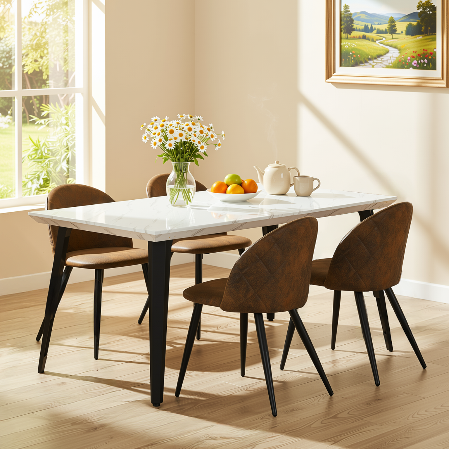 Homy Casa Stan 5PC Modern Luxury Dining Set 63” White Marble Table with 4 Zomba Suede Brown Chairs