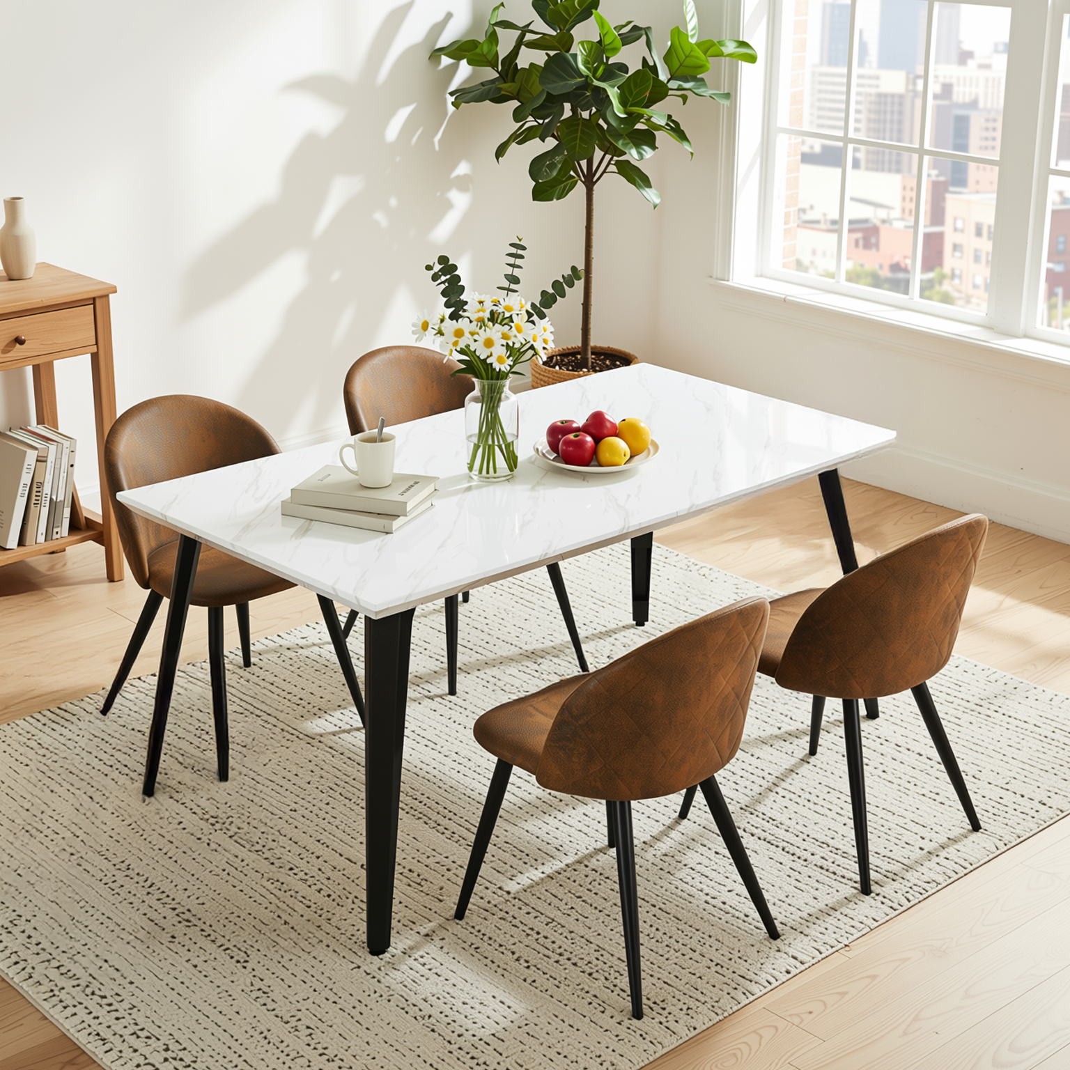 Homy Casa Stan 5PC Modern Luxury Dining Set 63” White Marble Table with 4 Zomba Suede Brown Chairs