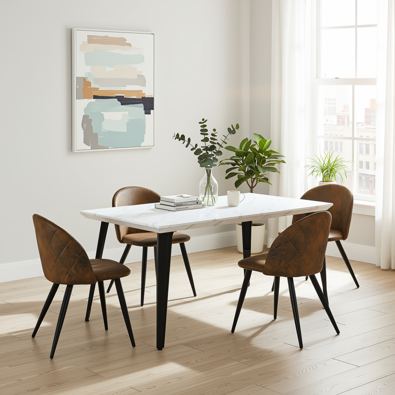 Homy Casa Stan 5PC Modern Luxury Dining Set 63” White Marble Table with 4 Zomba Suede Brown Chairs