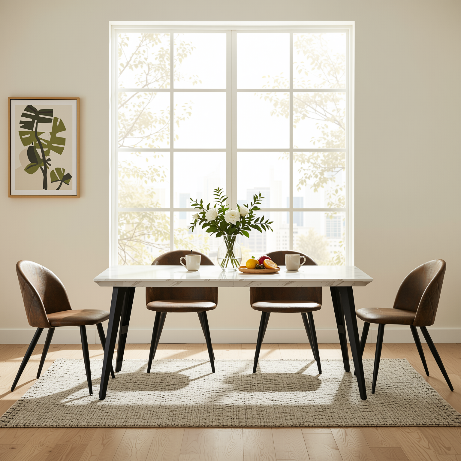 Homy Casa Stan 5PC Modern Luxury Dining Set 63” White Marble Table with 4 Zomba Suede Brown Chairs