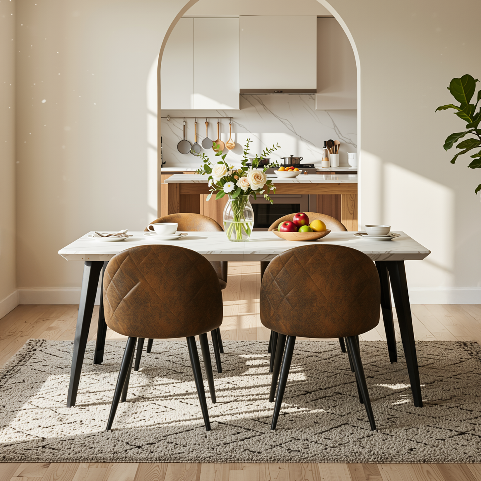 Homy Casa Stan 5PC Modern Luxury Dining Set 63” White Marble Table with 4 Zomba Suede Brown Chairs