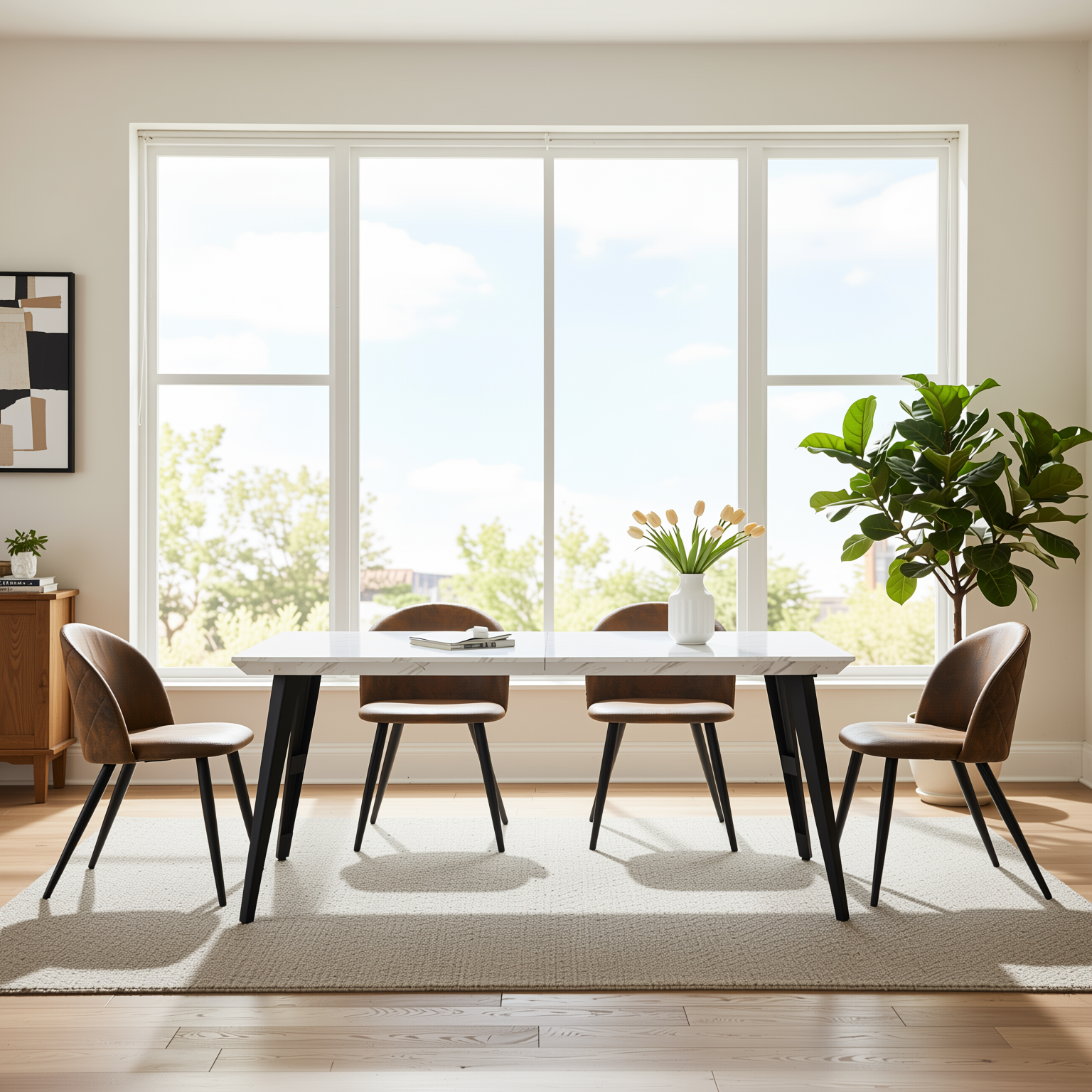 Homy Casa Stan 5PC Modern Luxury Dining Set 63” White Marble Table with 4 Zomba Suede Brown Chairs