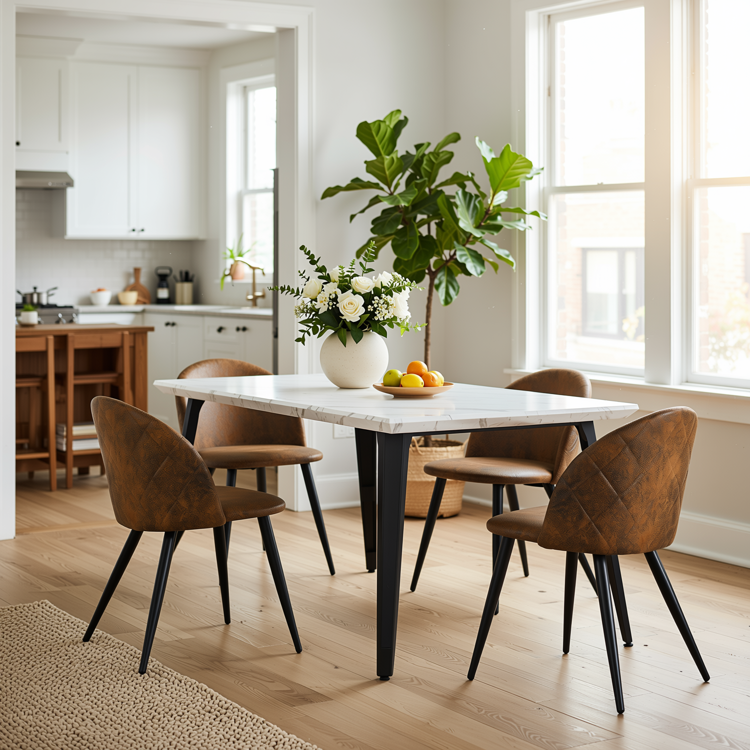 Homy Casa Stan 5PC Modern Luxury Dining Set 63” White Marble Table with 4 Zomba Suede Brown Chairs