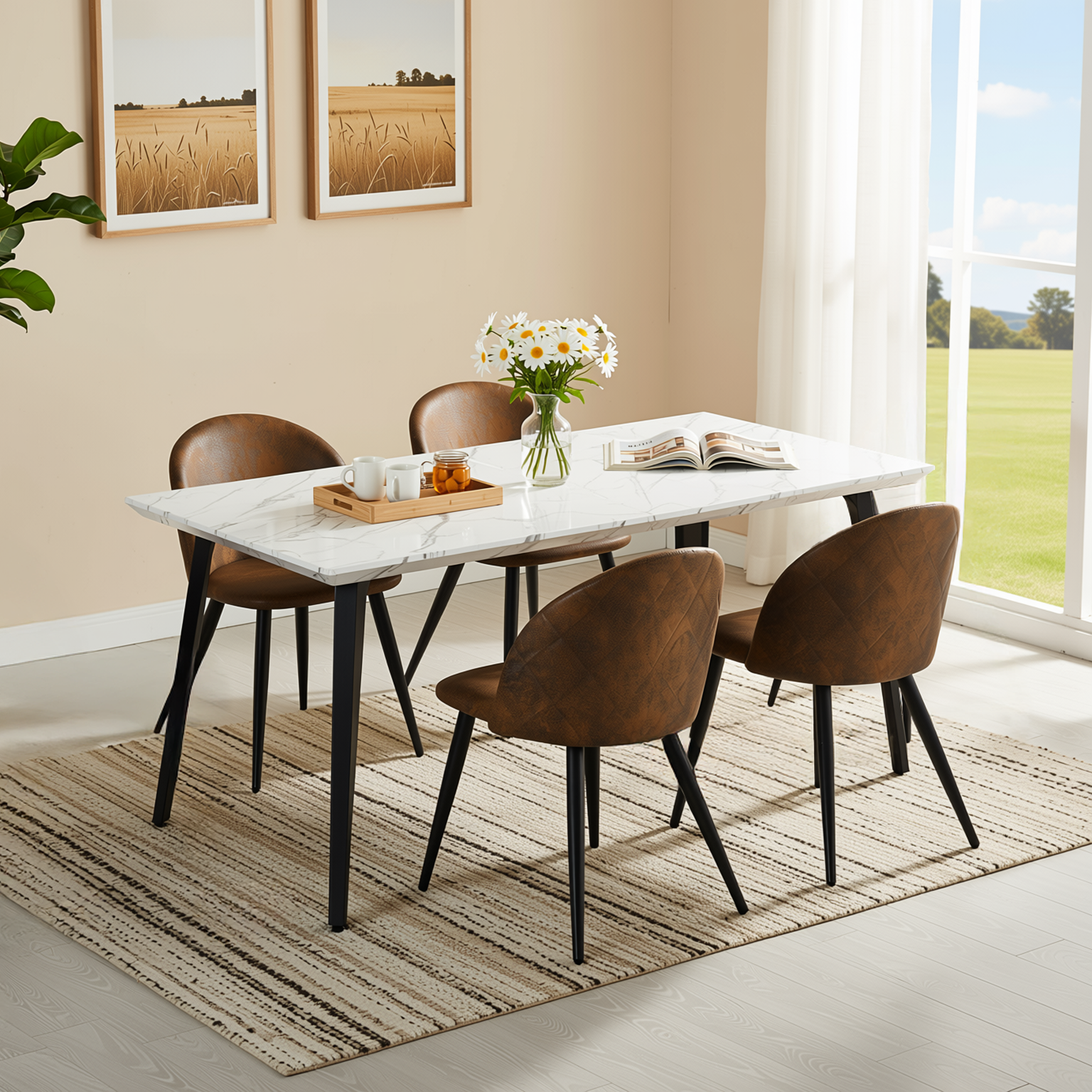 Homy Casa Stan 5PC Modern Luxury Dining Set 63” White Marble Table with 4 Zomba Suede Brown Chairs