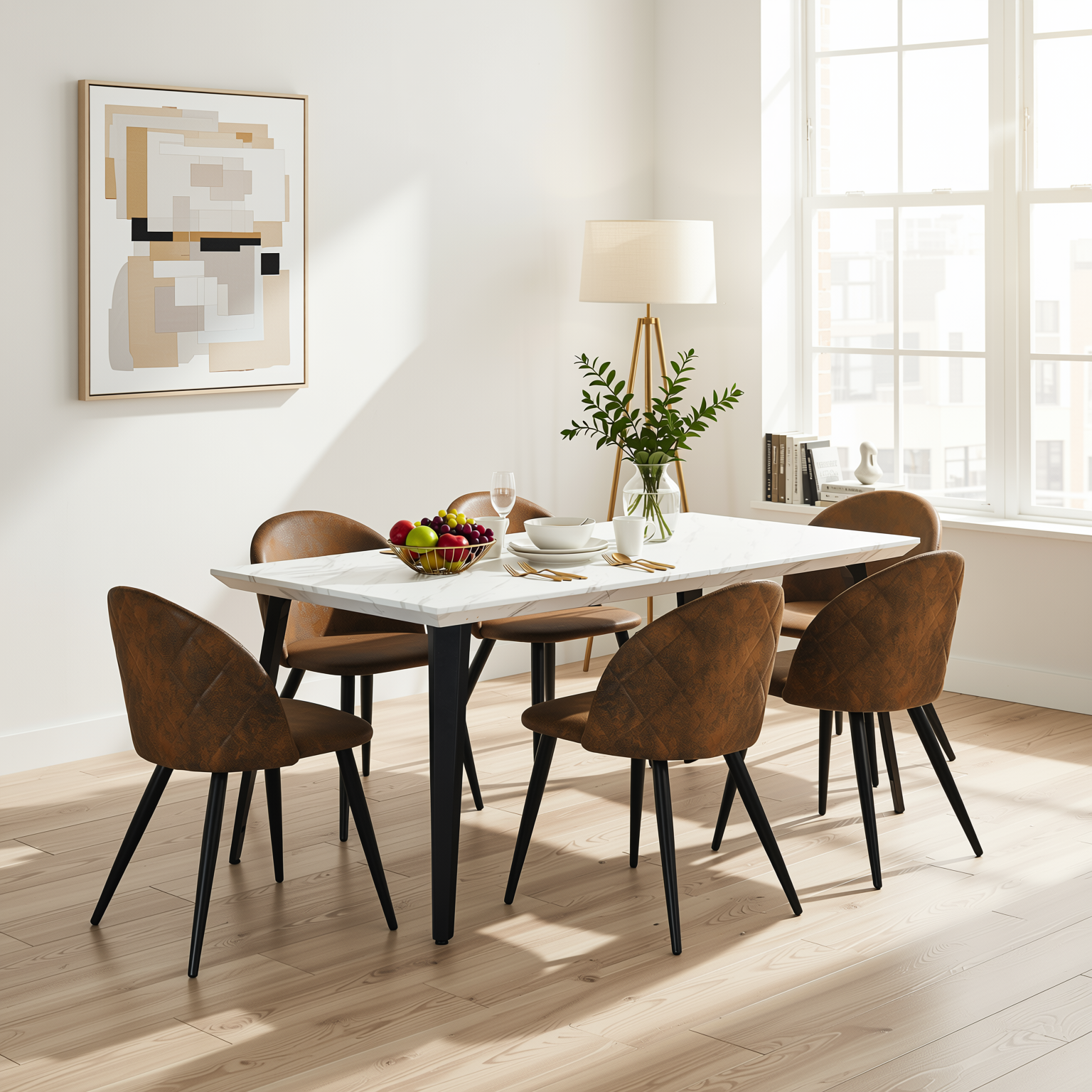 Homy Casa Stan 5PC Modern Luxury Dining Set 63” White Marble Table with 4 Zomba Suede Brown Chairs