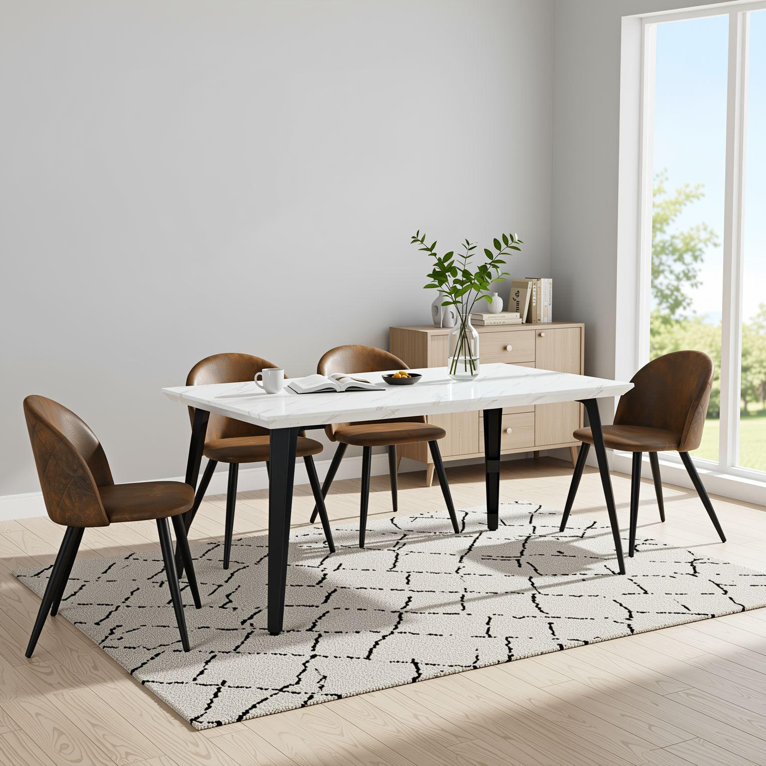 Homy Casa Stan 5PC Modern Luxury Dining Set 63” White Marble Table with 4 Zomba Suede Brown Chairs