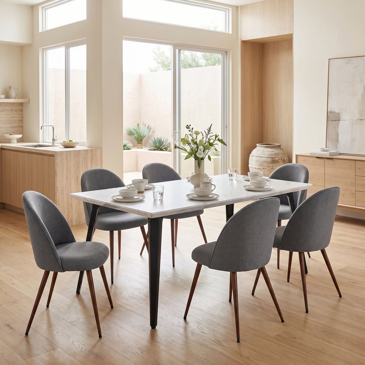 Homy Casa STAN+HAVEN 7PC Dining Set 63” White Marble Table with 6 Haven Grey Fabric Dining Chairs Open Box