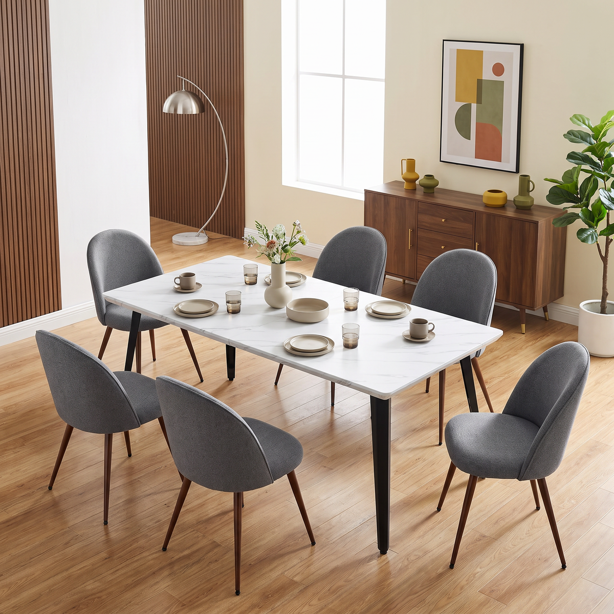 Homy Casa STAN+HAVEN 7PC Dining Set 63” White Marble Table with 6 Haven Grey Fabric Dining Chairs Open Box