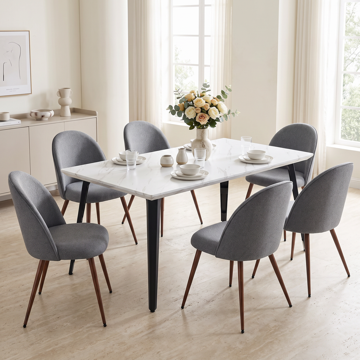 Homy Casa STAN+HAVEN 7PC Dining Set 63” White Marble Table with 6 Haven Grey Fabric Dining Chairs Open Box